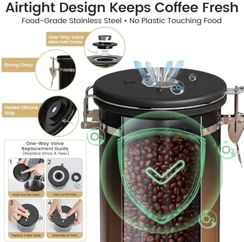 image:imageVeken Large Coffee Canister with Window Rice Kitchen Food Storage Airtight Stainless Steel Container with Lids Date Tracker and Scoop Grounds Beans Tea Flour Cereal Sugar Jars 38oz BlackGradient Copper