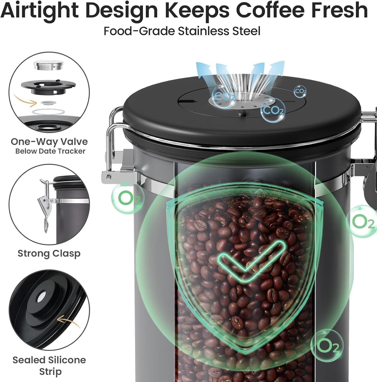 image:imageVeken Large Coffee Canister with Window Rice Kitchen Food Storage Airtight Stainless Steel Container with Lids Date Tracker and Scoop Grounds Beans Tea Flour Cereal Sugar Jars 38oz BlackGrey