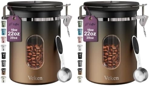 image:imageVeken Large Coffee Canister with Window Rice Kitchen Food Storage Airtight Stainless Steel Container with Lids Date Tracker and Scoop Grounds Beans Tea Flour Cereal Sugar Jars 38oz BlackGradient Copper