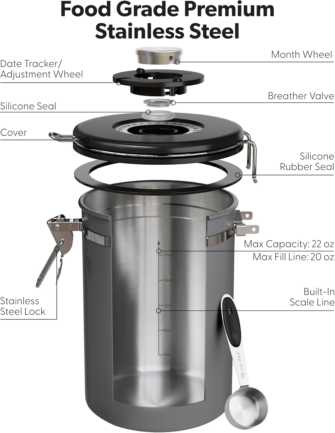 image:imageVeken Large Coffee Canister with Window Rice Kitchen Food Storage Airtight Stainless Steel Container with Lids Date Tracker and Scoop Grounds Beans Tea Flour Cereal Sugar Jars 38oz BlackGrey