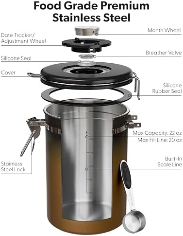 image:imageVeken Large Coffee Canister with Window Rice Kitchen Food Storage Airtight Stainless Steel Container with Lids Date Tracker and Scoop Grounds Beans Tea Flour Cereal Sugar Jars 38oz BlackGradient Copper