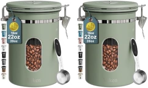 image:imageVeken Large Coffee Canister with Window Rice Kitchen Food Storage Airtight Stainless Steel Container with Lids Date Tracker and Scoop Grounds Beans Tea Flour Cereal Sugar Jars 38oz BlackGreen