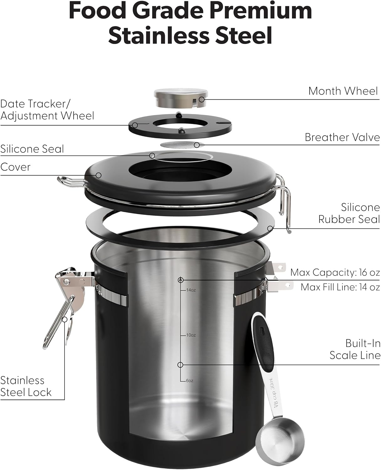 image:imageVeken Large Coffee Canister with Window Rice Kitchen Food Storage Airtight Stainless Steel Container with Lids Date Tracker and Scoop Grounds Beans Tea Flour Cereal Sugar Jars 38oz BlackBlack