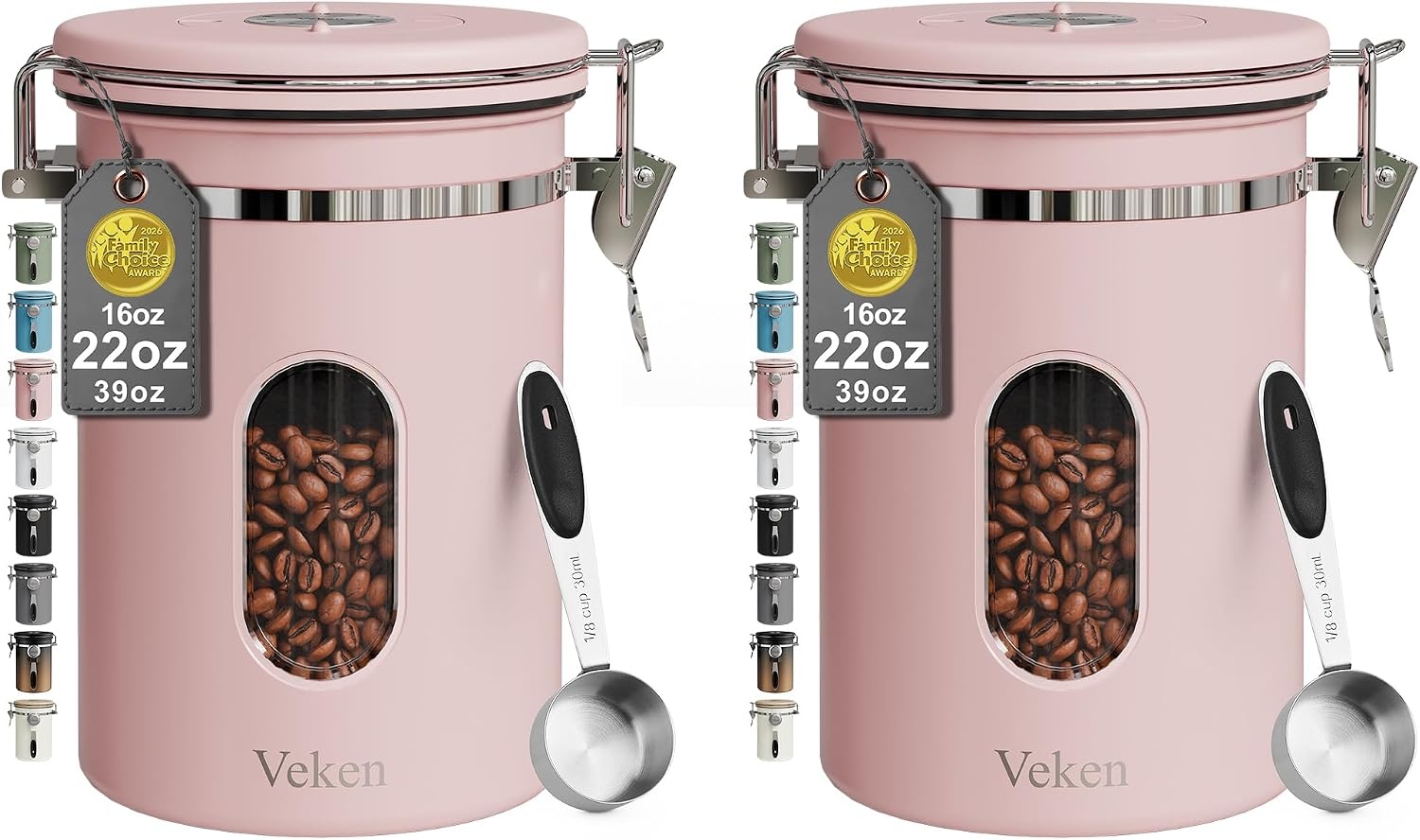 image:imageVeken Large Coffee Canister with Window Rice Kitchen Food Storage Airtight Stainless Steel Container with Lids Date Tracker and Scoop Grounds Beans Tea Flour Cereal Sugar Jars 38oz BlackPink