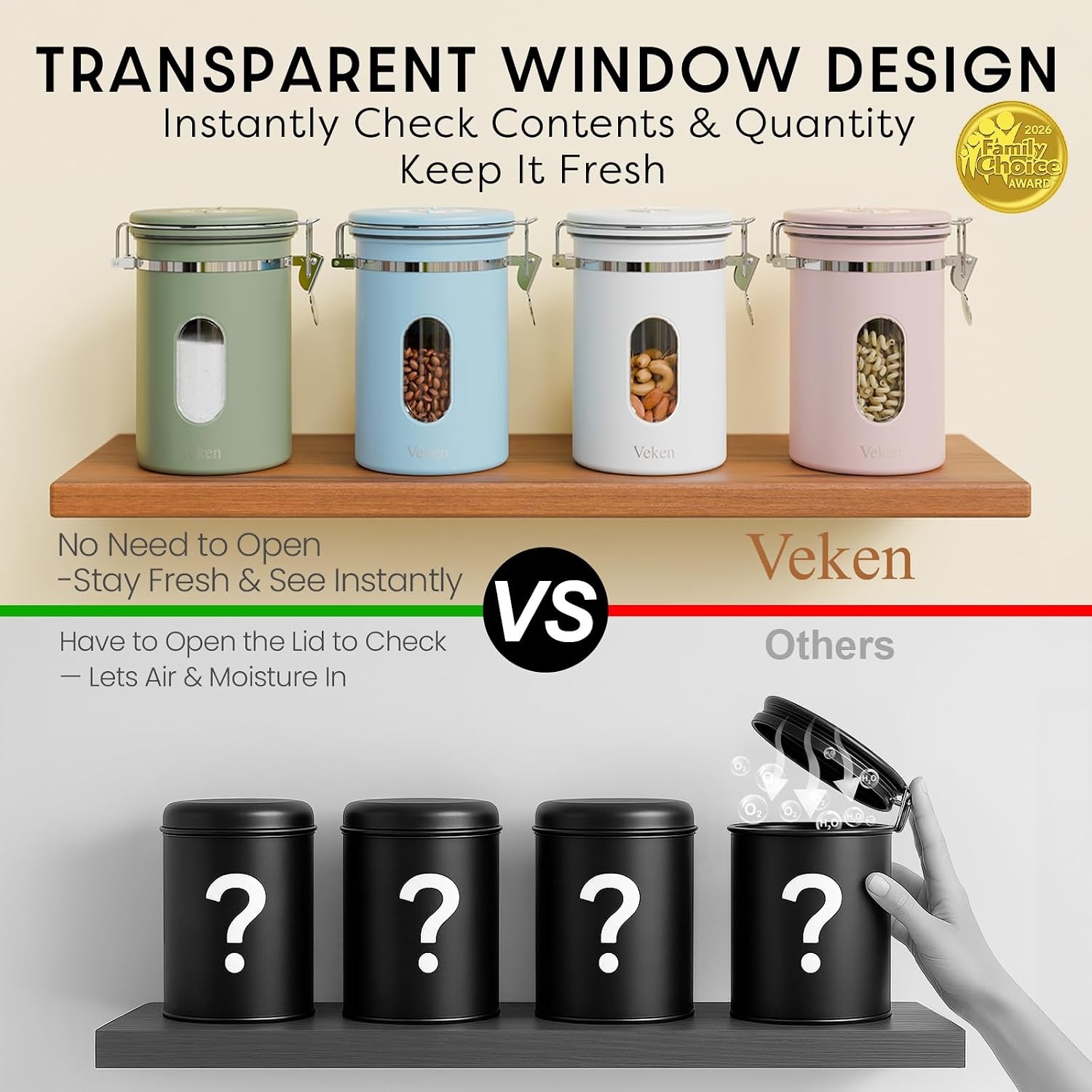 image:imageVeken Large Coffee Canister with Window Rice Kitchen Food Storage Airtight Stainless Steel Container with Lids Date Tracker and Scoop Grounds Beans Tea Flour Cereal Sugar Jars 38oz BlackPink