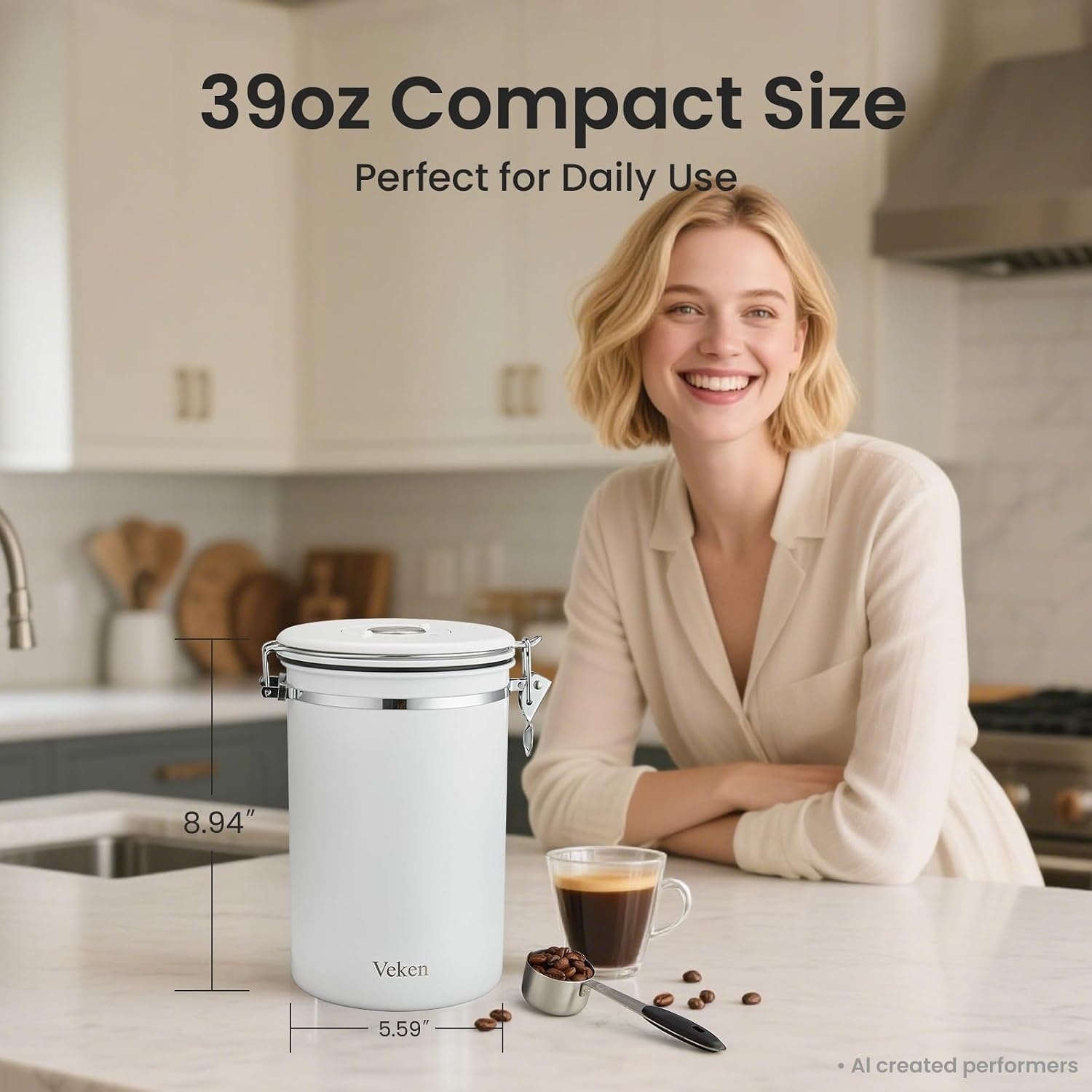 image:imageVeken Large Coffee Canister with Window Rice Kitchen Food Storage Airtight Stainless Steel Container with Lids Date Tracker and Scoop Grounds Beans Tea Flour Cereal Sugar Jars 38oz BlackJet White
