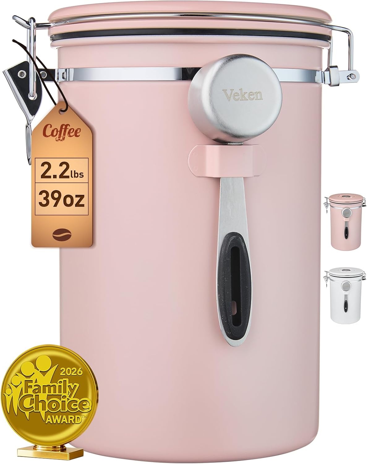 image:imageVeken Large Coffee Canister with Window Rice Kitchen Food Storage Airtight Stainless Steel Container with Lids Date Tracker and Scoop Grounds Beans Tea Flour Cereal Sugar Jars 38oz BlackPink