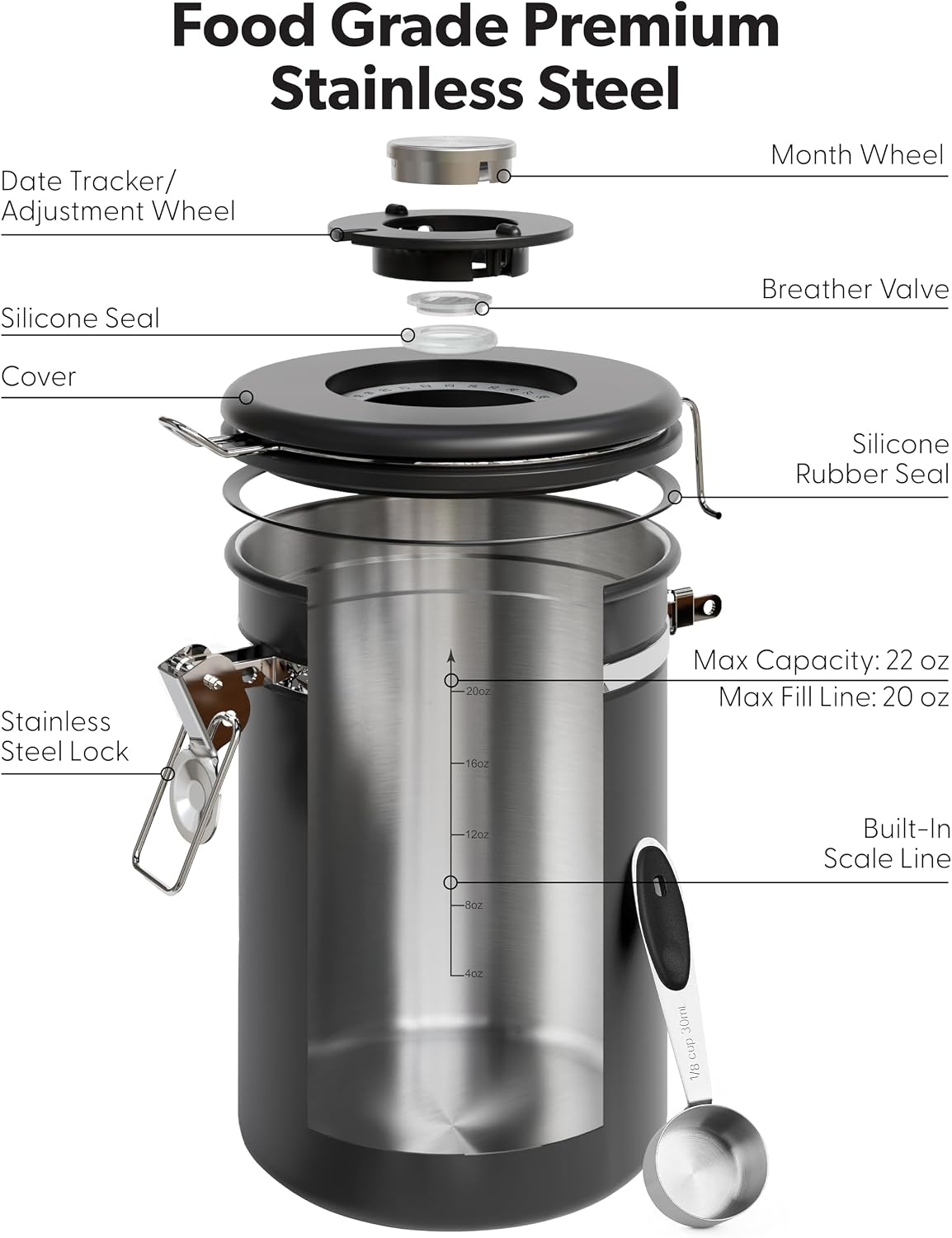 image:imageVeken Large Coffee Canister with Window Rice Kitchen Food Storage Airtight Stainless Steel Container with Lids Date Tracker and Scoop Grounds Beans Tea Flour Cereal Sugar Jars 38oz BlackBlack