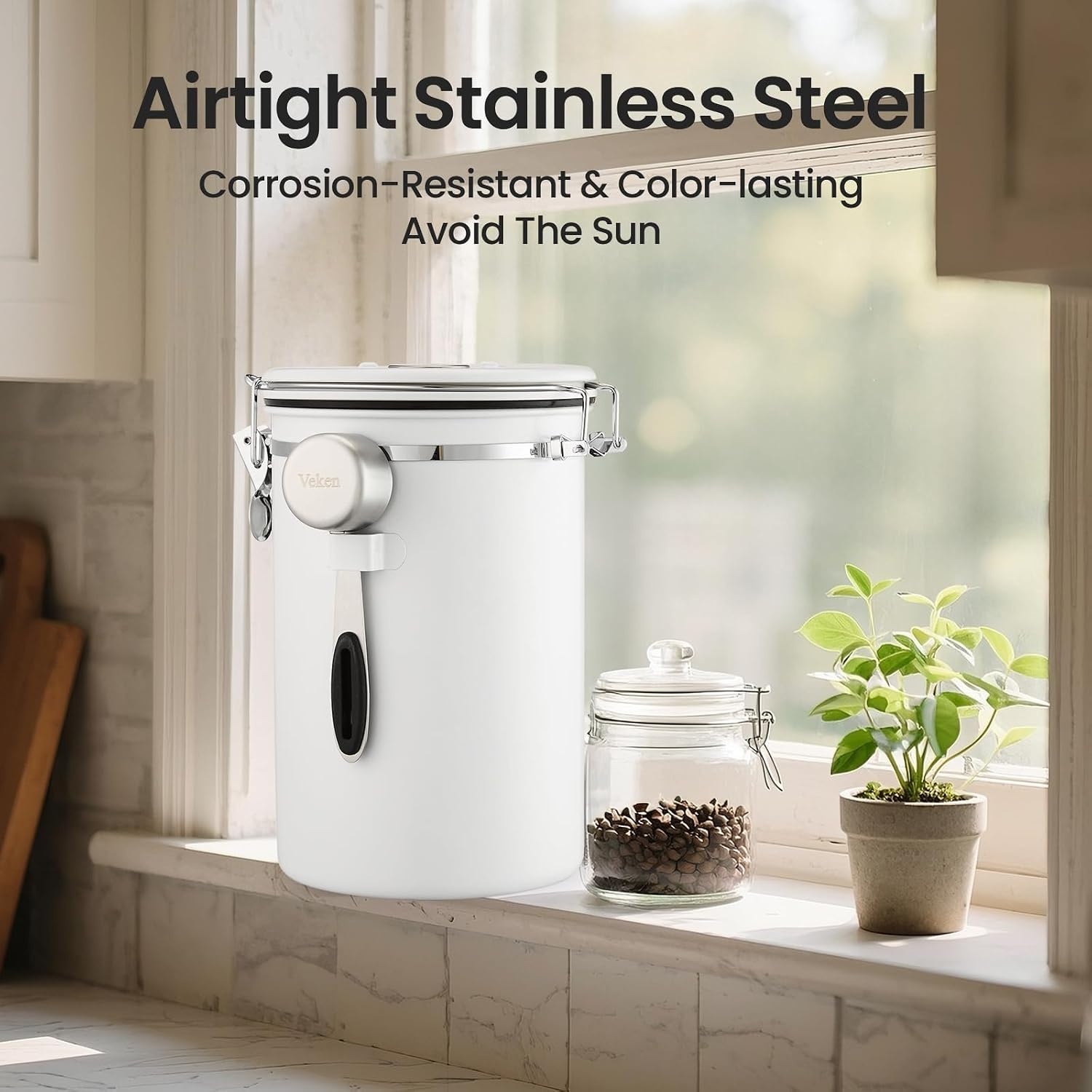 image:imageVeken Large Coffee Canister with Window Rice Kitchen Food Storage Airtight Stainless Steel Container with Lids Date Tracker and Scoop Grounds Beans Tea Flour Cereal Sugar Jars 38oz BlackJet White