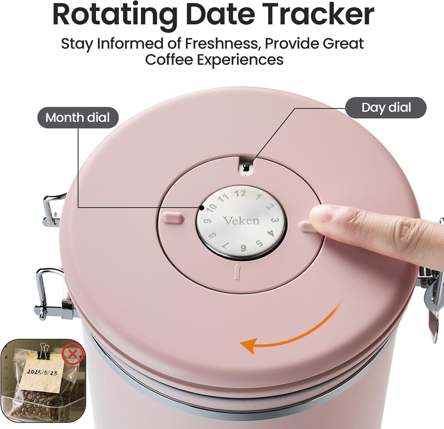 image:imageVeken Large Coffee Canister with Window Rice Kitchen Food Storage Airtight Stainless Steel Container with Lids Date Tracker and Scoop Grounds Beans Tea Flour Cereal Sugar Jars 38oz BlackPink