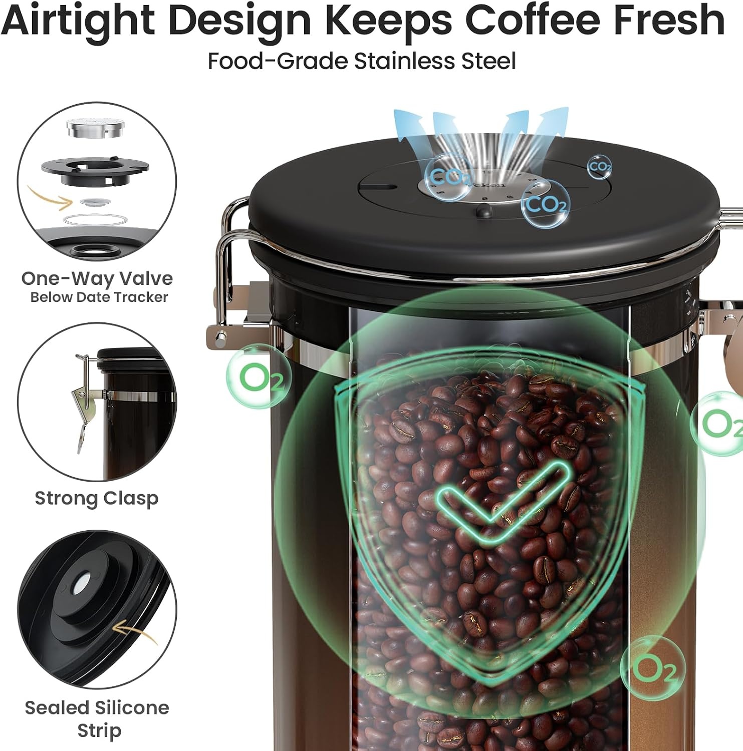 image:imageVeken Large Coffee Canister with Window Rice Kitchen Food Storage Airtight Stainless Steel Container with Lids Date Tracker and Scoop Grounds Beans Tea Flour Cereal Sugar Jars 38oz BlackGradient Copper