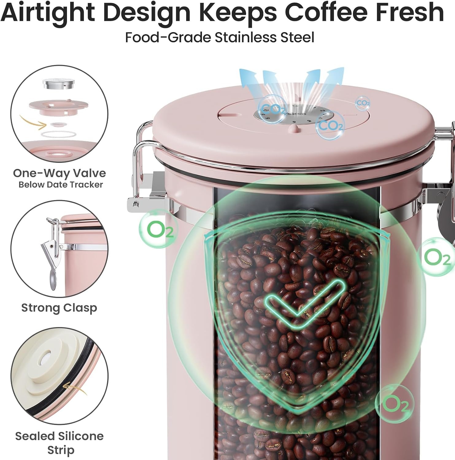 image:imageVeken Large Coffee Canister with Window Rice Kitchen Food Storage Airtight Stainless Steel Container with Lids Date Tracker and Scoop Grounds Beans Tea Flour Cereal Sugar Jars 38oz BlackPink