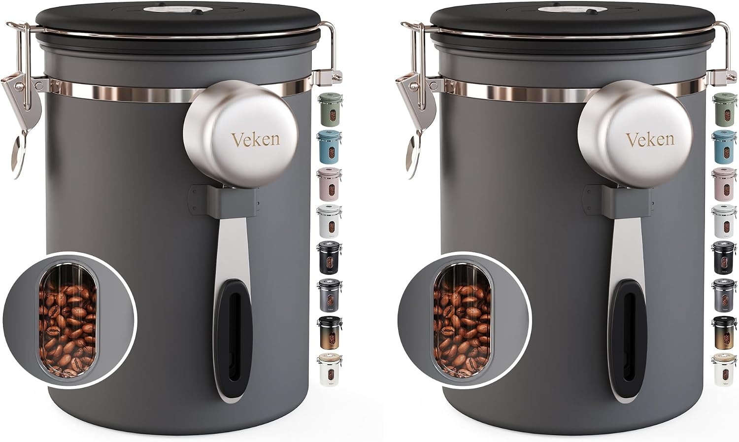 image:imageVeken Large Coffee Canister with Window Rice Kitchen Food Storage Airtight Stainless Steel Container with Lids Date Tracker and Scoop Grounds Beans Tea Flour Cereal Sugar Jars 38oz BlackGrey