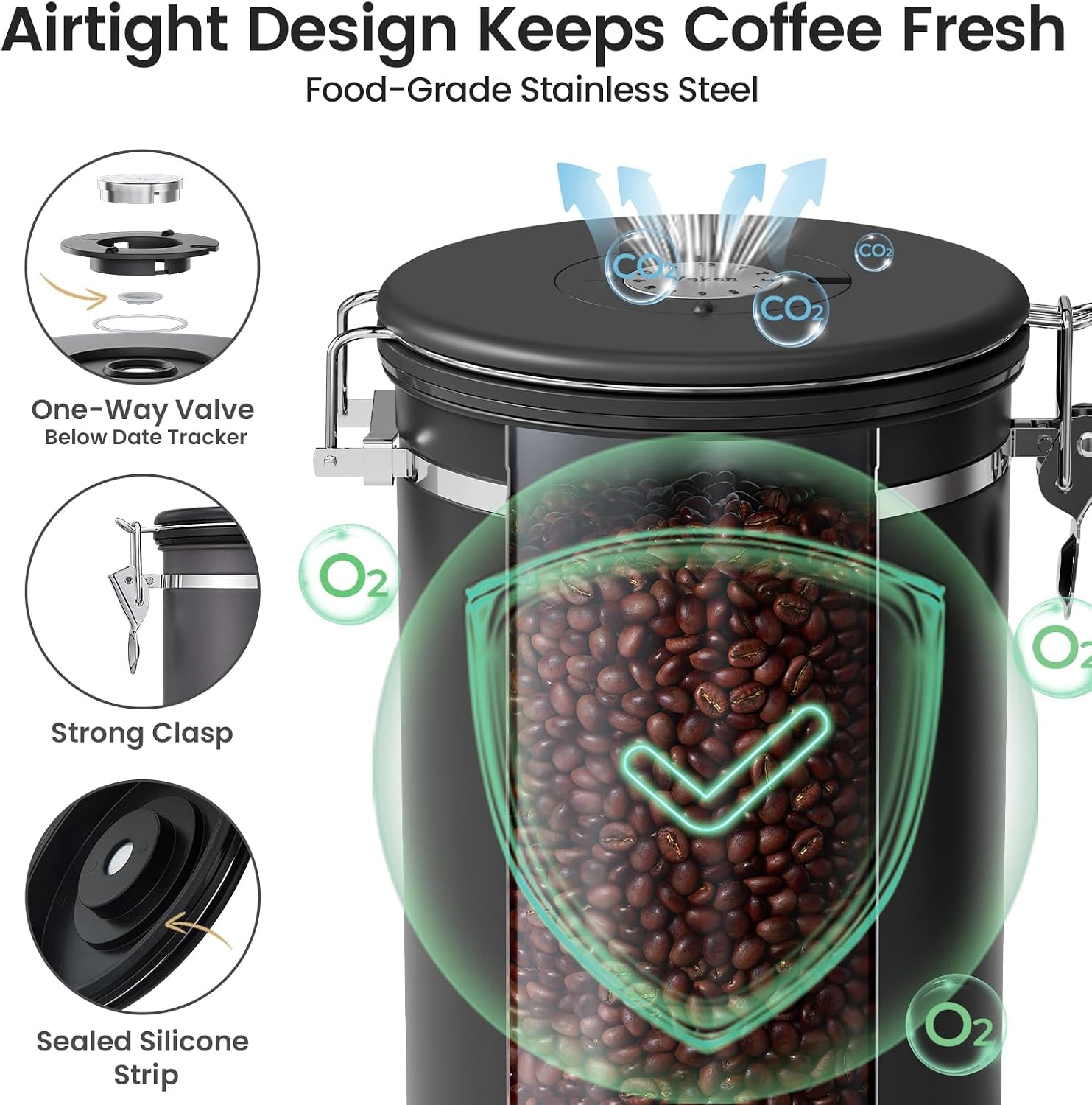 image:imageVeken Large Coffee Canister with Window Rice Kitchen Food Storage Airtight Stainless Steel Container with Lids Date Tracker and Scoop Grounds Beans Tea Flour Cereal Sugar Jars 38oz BlackBlack