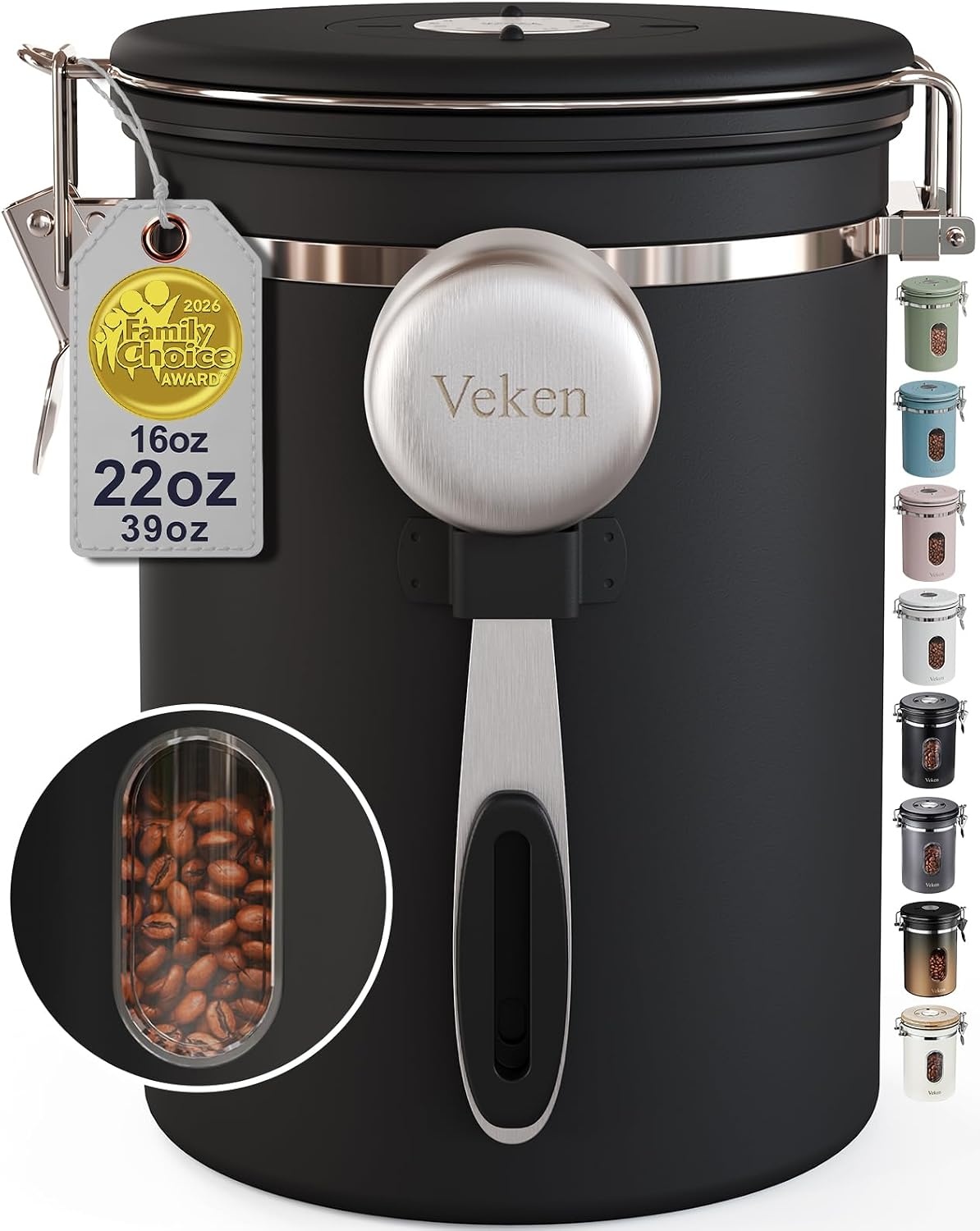 image:imageVeken Large Coffee Canister with Window Rice Kitchen Food Storage Airtight Stainless Steel Container with Lids Date Tracker and Scoop Grounds Beans Tea Flour Cereal Sugar Jars 38oz BlackBlack