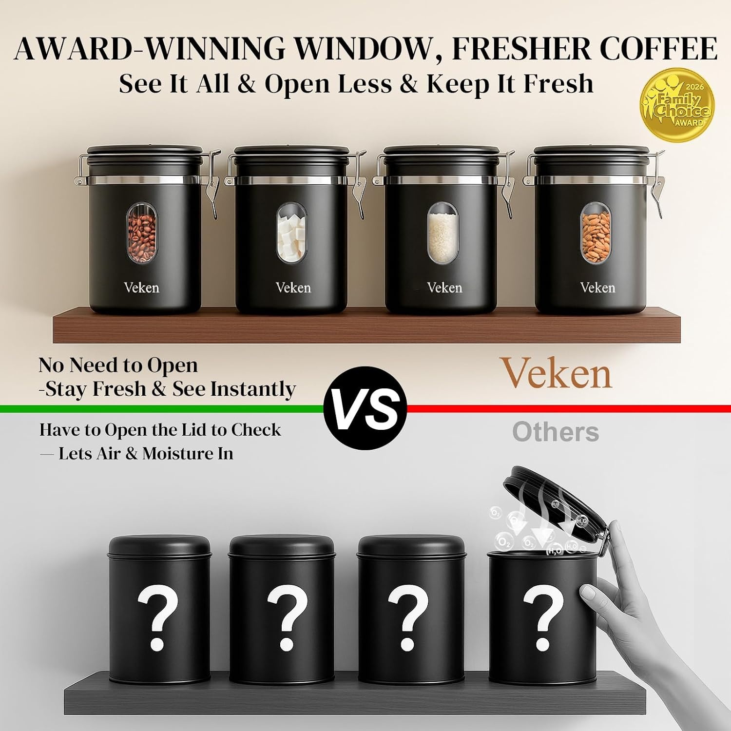 image:imageVeken Large Coffee Canister with Window Rice Kitchen Food Storage Airtight Stainless Steel Container with Lids Date Tracker and Scoop Grounds Beans Tea Flour Cereal Sugar Jars 38oz BlackBlack