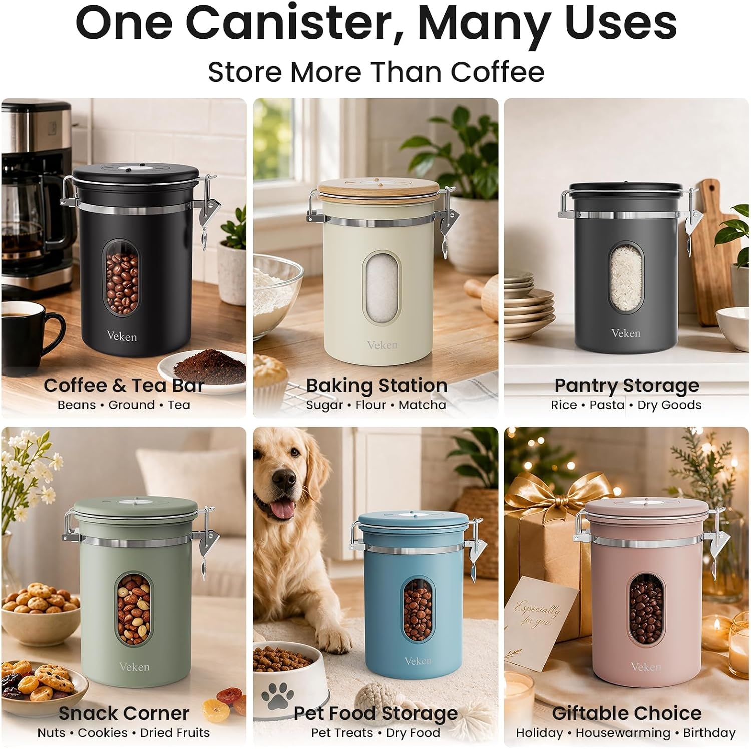 image:imageVeken Large Coffee Canister with Window Rice Kitchen Food Storage Airtight Stainless Steel Container with Lids Date Tracker and Scoop Grounds Beans Tea Flour Cereal Sugar Jars 38oz BlackBlack