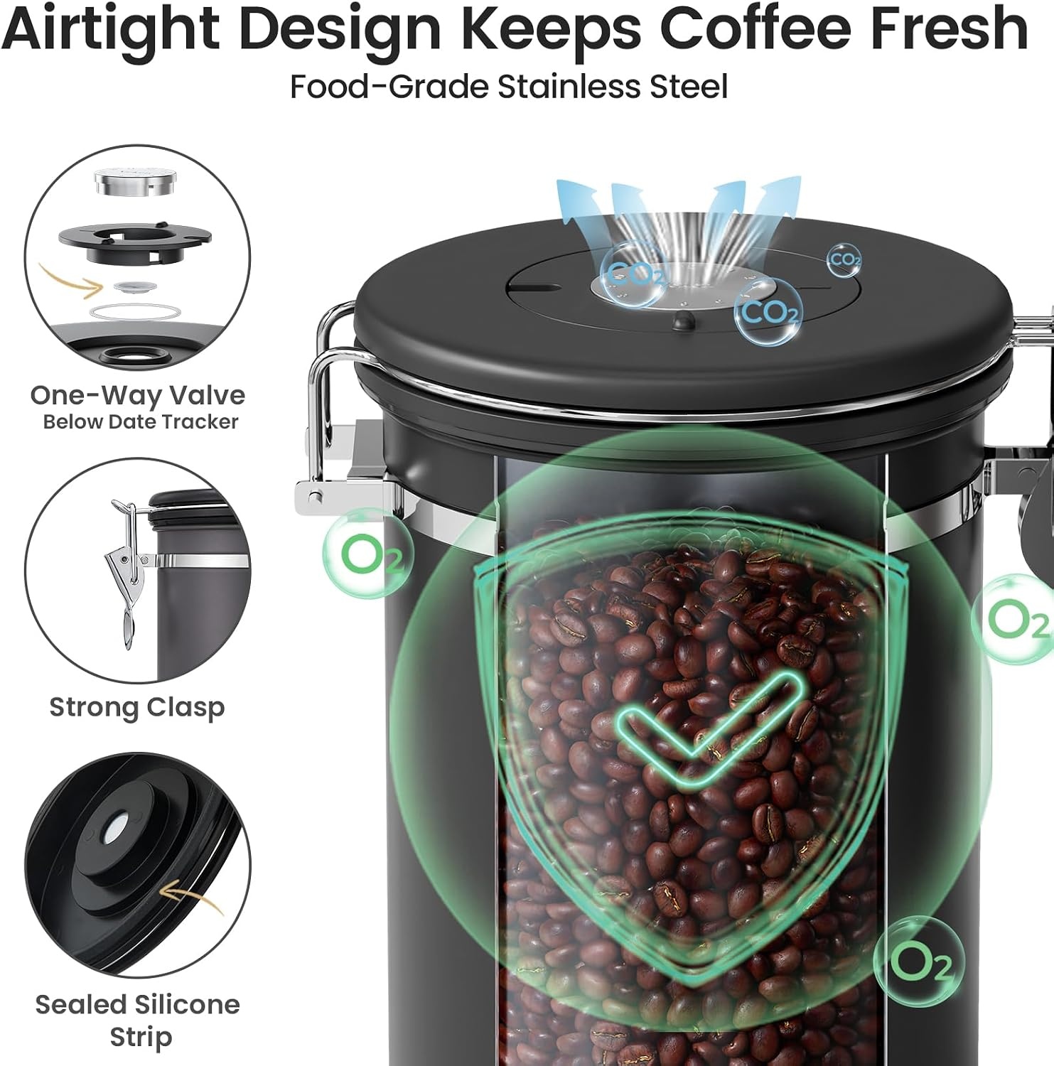 image:imageVeken Large Coffee Canister with Window Rice Kitchen Food Storage Airtight Stainless Steel Container with Lids Date Tracker and Scoop Grounds Beans Tea Flour Cereal Sugar Jars 38oz BlackBlack