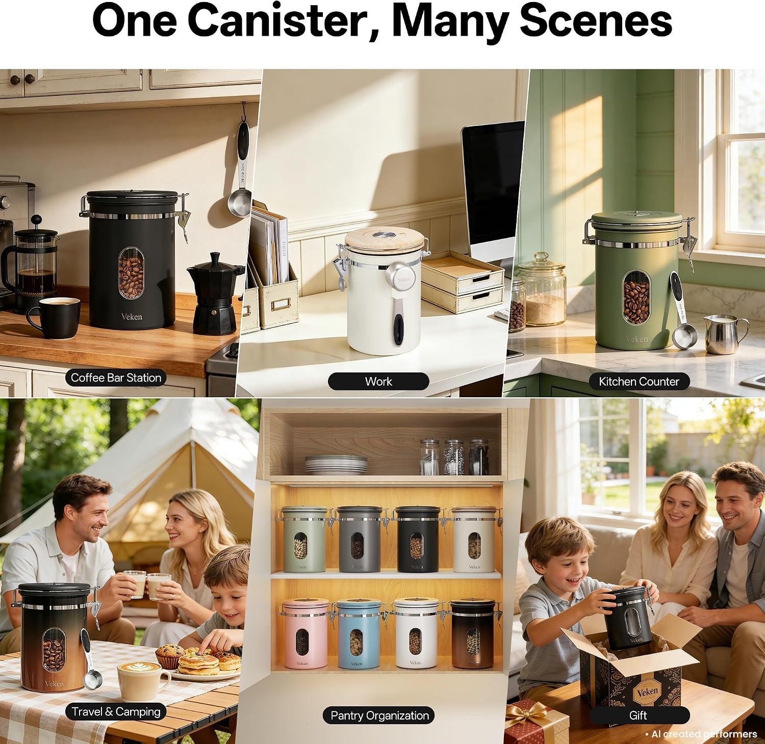 image:imageVeken Large Coffee Canister with Window Rice Kitchen Food Storage Airtight Stainless Steel Container with Lids Date Tracker and Scoop Grounds Beans Tea Flour Cereal Sugar Jars 38oz BlackCream
