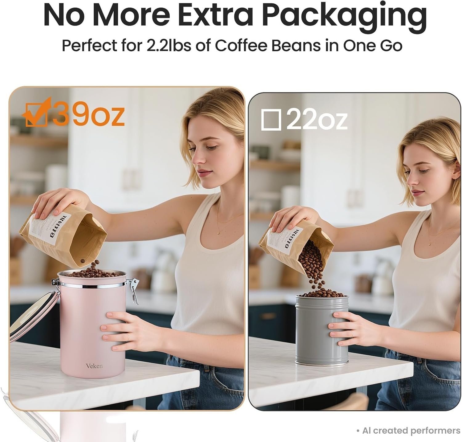 image:imageVeken Large Coffee Canister with Window Rice Kitchen Food Storage Airtight Stainless Steel Container with Lids Date Tracker and Scoop Grounds Beans Tea Flour Cereal Sugar Jars 38oz BlackPink