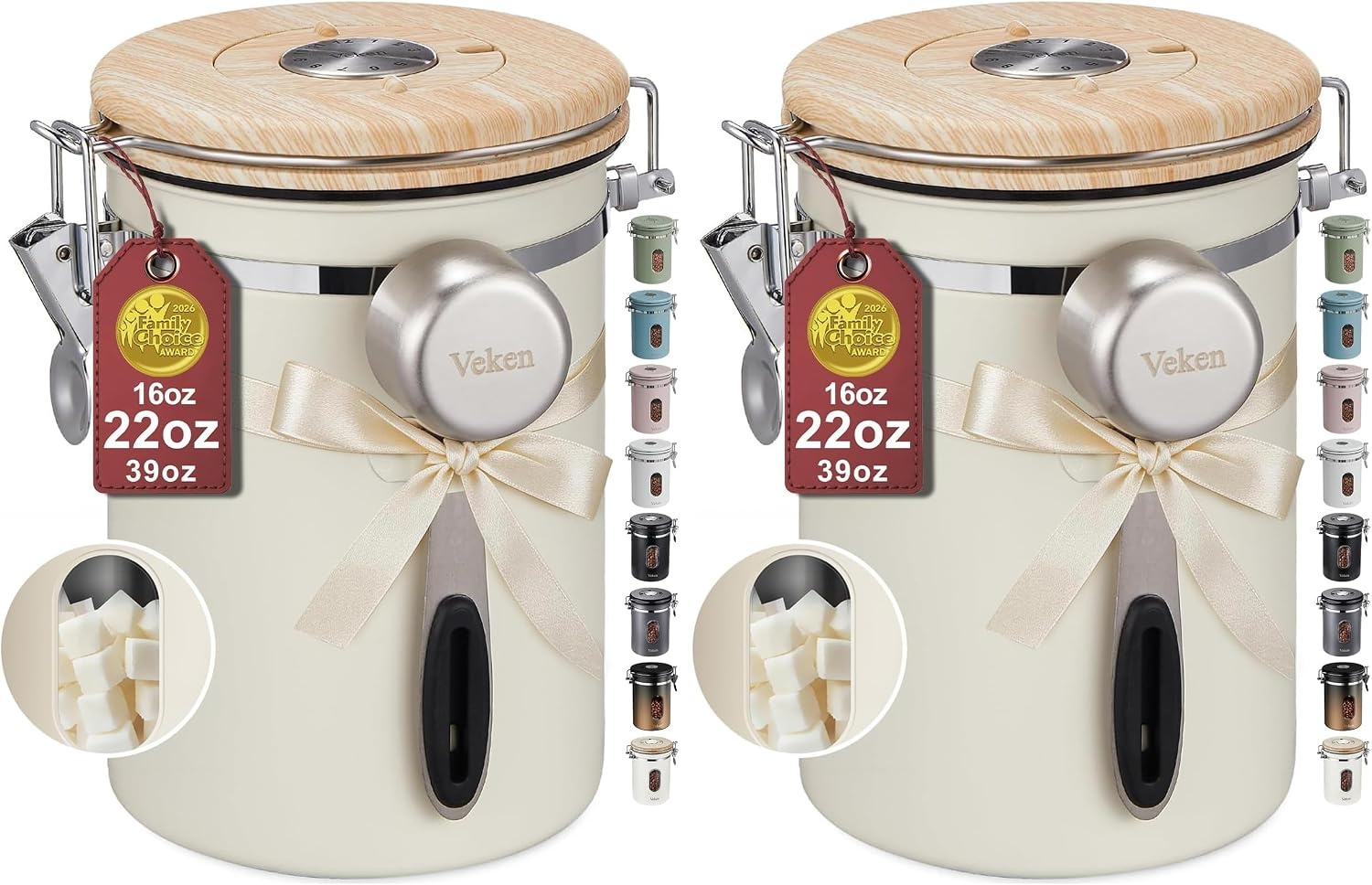 image:imageVeken Large Coffee Canister with Window Rice Kitchen Food Storage Airtight Stainless Steel Container with Lids Date Tracker and Scoop Grounds Beans Tea Flour Cereal Sugar Jars 38oz BlackCream