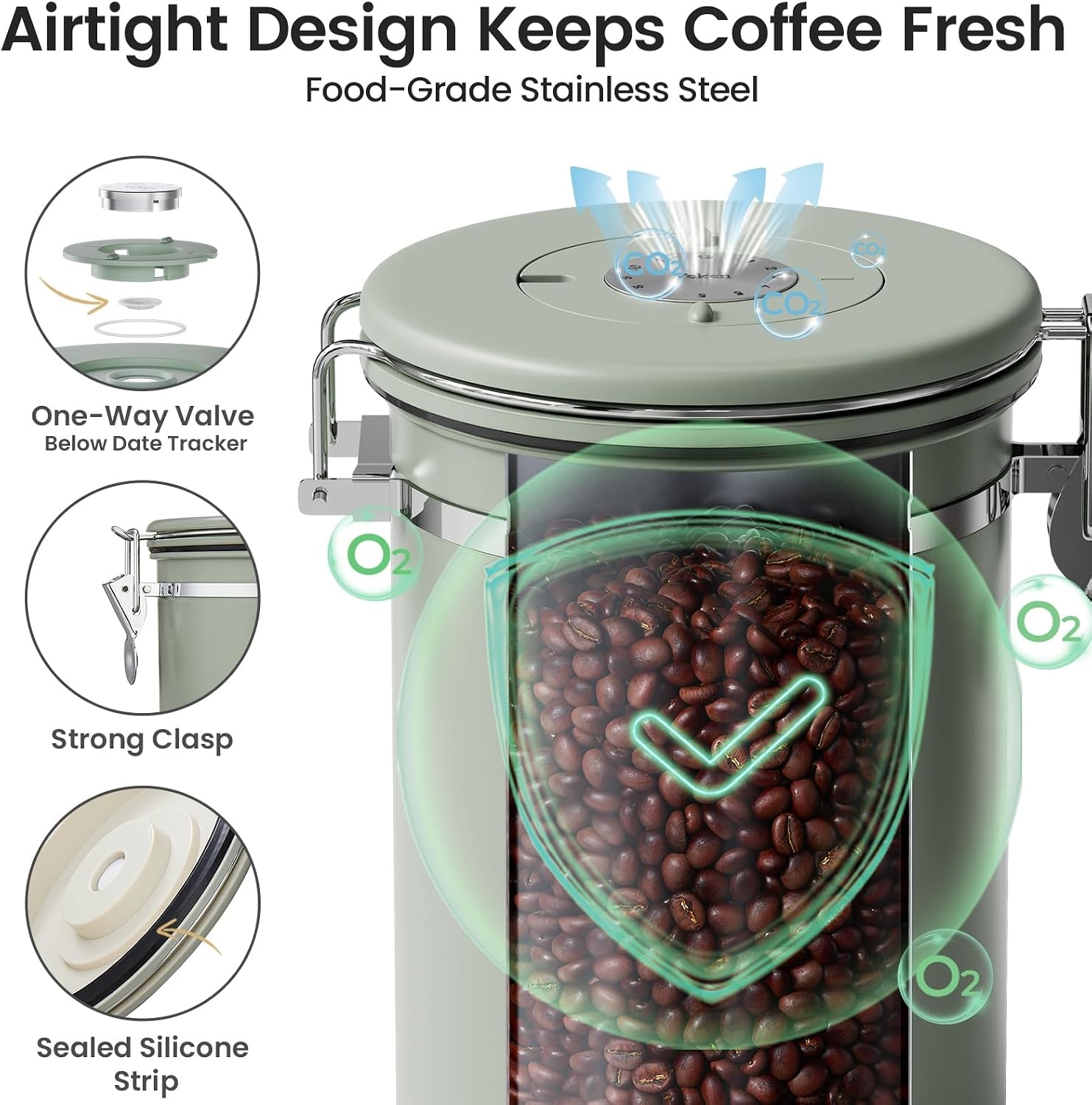 image:imageVeken Large Coffee Canister with Window Rice Kitchen Food Storage Airtight Stainless Steel Container with Lids Date Tracker and Scoop Grounds Beans Tea Flour Cereal Sugar Jars 38oz BlackGreen