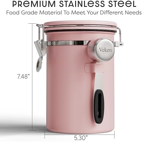 image:imageVeken Large Coffee Canister with Window Rice Kitchen Food Storage Airtight Stainless Steel Container with Lids Date Tracker and Scoop Grounds Beans Tea Flour Cereal Sugar Jars 38oz BlackPink