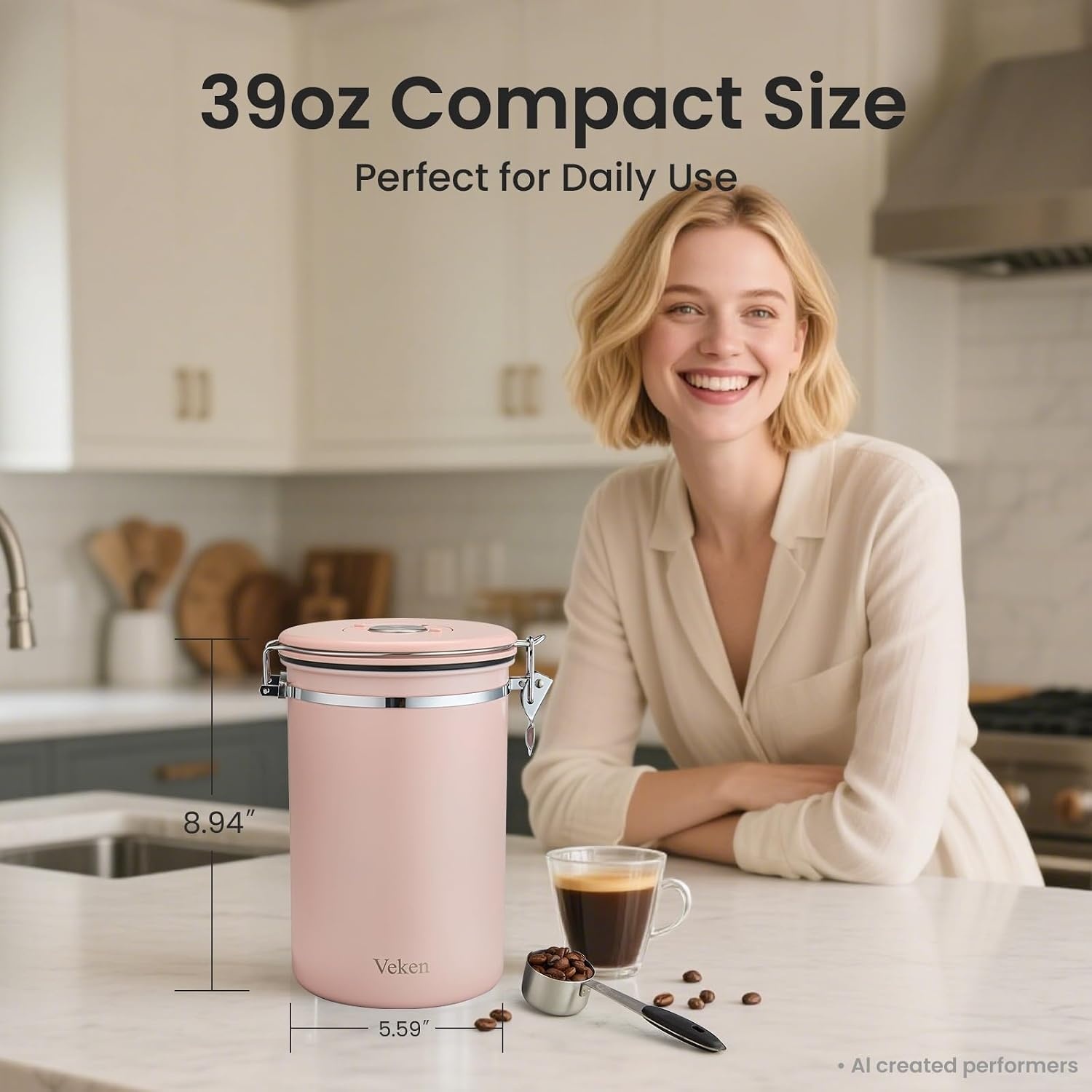 image:imageVeken Large Coffee Canister with Window Rice Kitchen Food Storage Airtight Stainless Steel Container with Lids Date Tracker and Scoop Grounds Beans Tea Flour Cereal Sugar Jars 38oz BlackPink