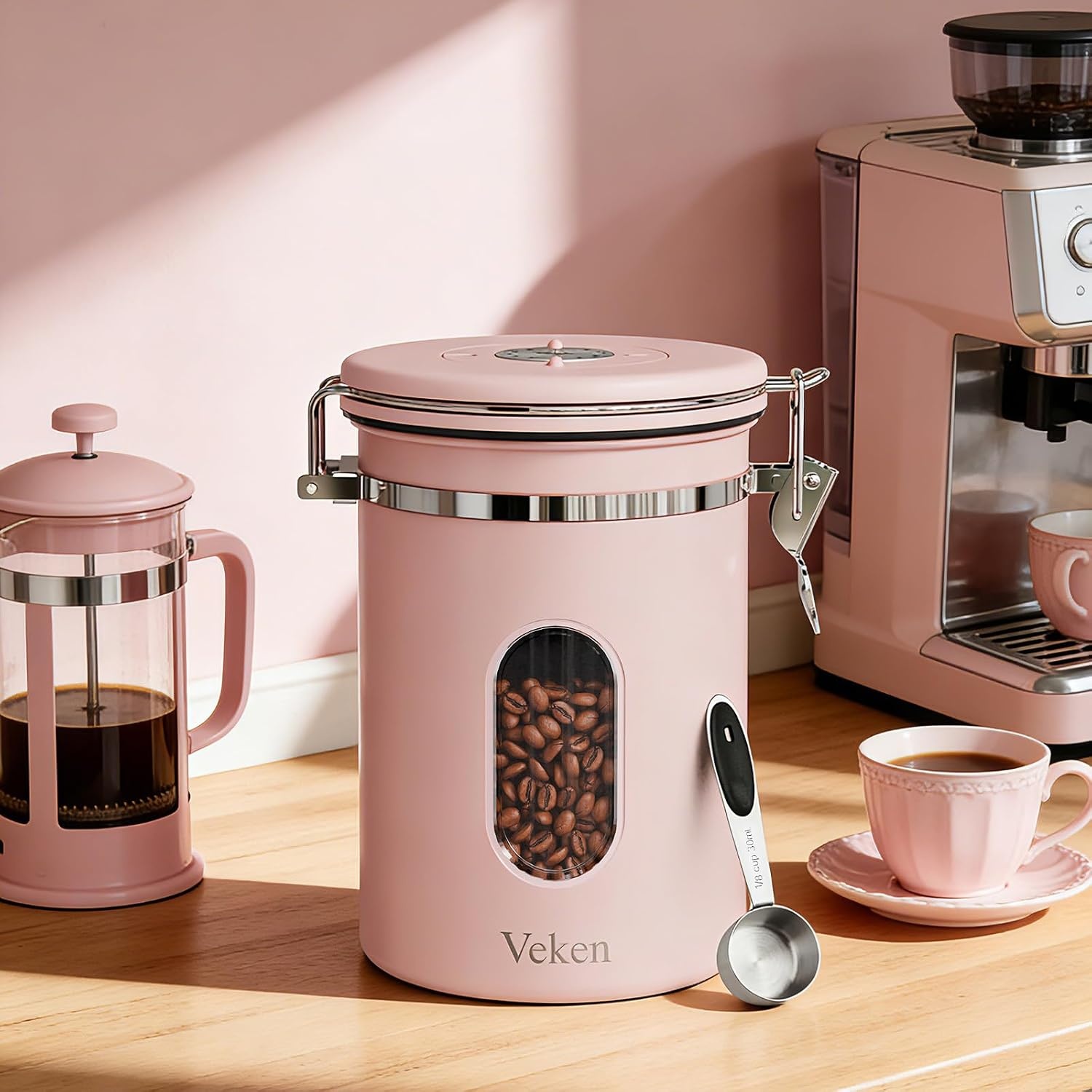 image:imageVeken Large Coffee Canister with Window Rice Kitchen Food Storage Airtight Stainless Steel Container with Lids Date Tracker and Scoop Grounds Beans Tea Flour Cereal Sugar Jars 38oz BlackPink