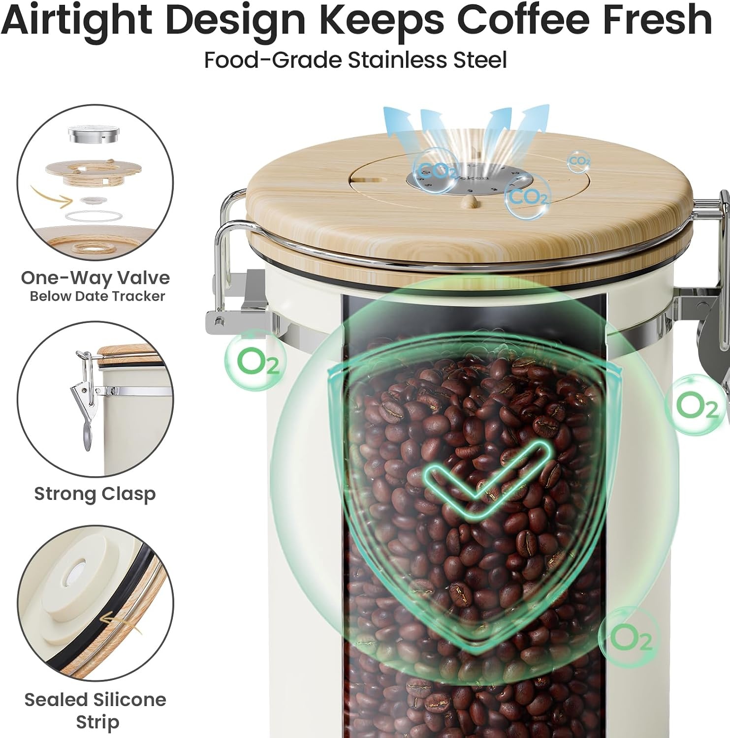image:imageVeken Large Coffee Canister with Window Rice Kitchen Food Storage Airtight Stainless Steel Container with Lids Date Tracker and Scoop Grounds Beans Tea Flour Cereal Sugar Jars 38oz BlackCream