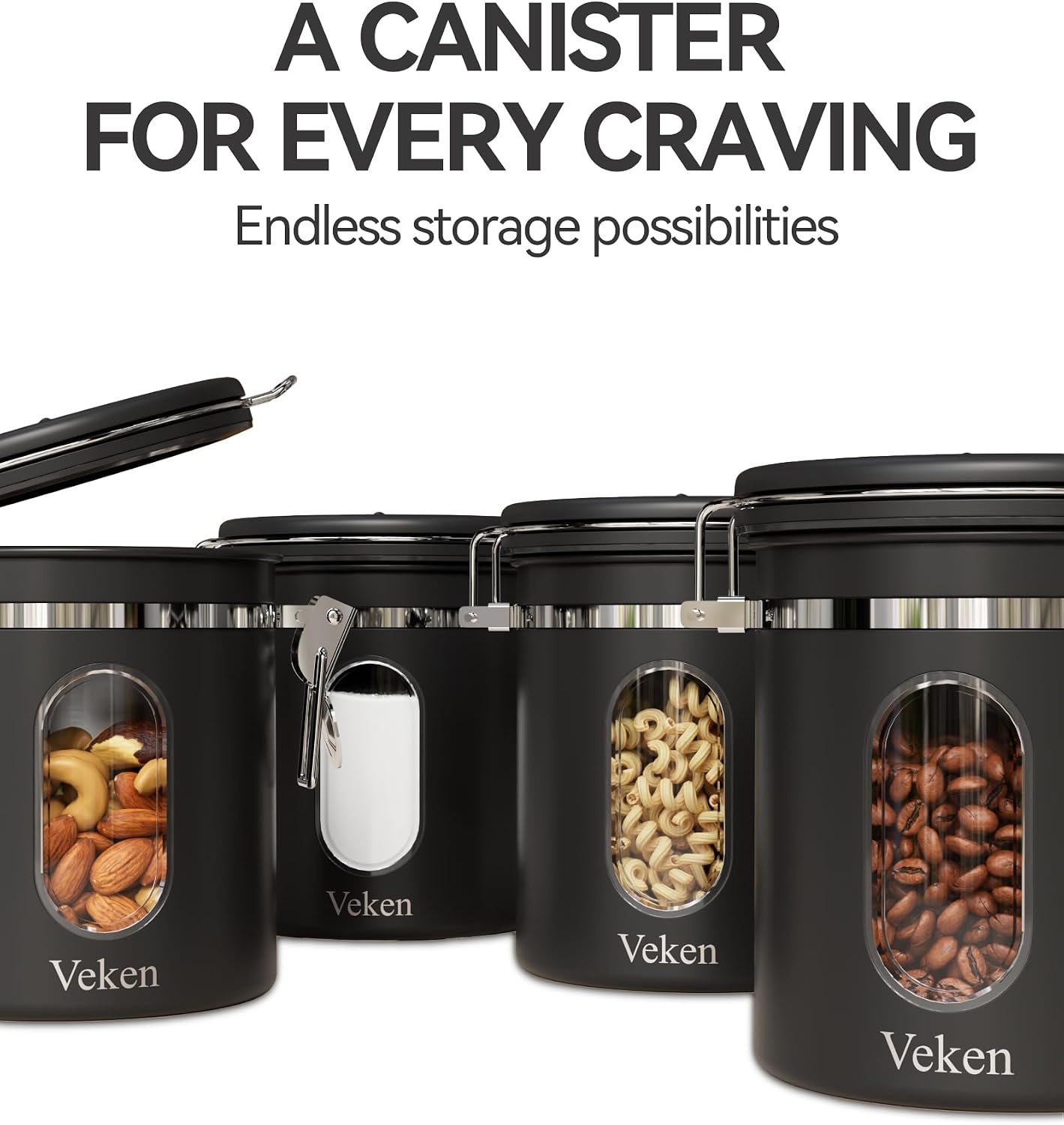 image:imageVeken Large Coffee Canister with Window Rice Kitchen Food Storage Airtight Stainless Steel Container with Lids Date Tracker and Scoop Grounds Beans Tea Flour Cereal Sugar Jars 38oz BlackBlack
