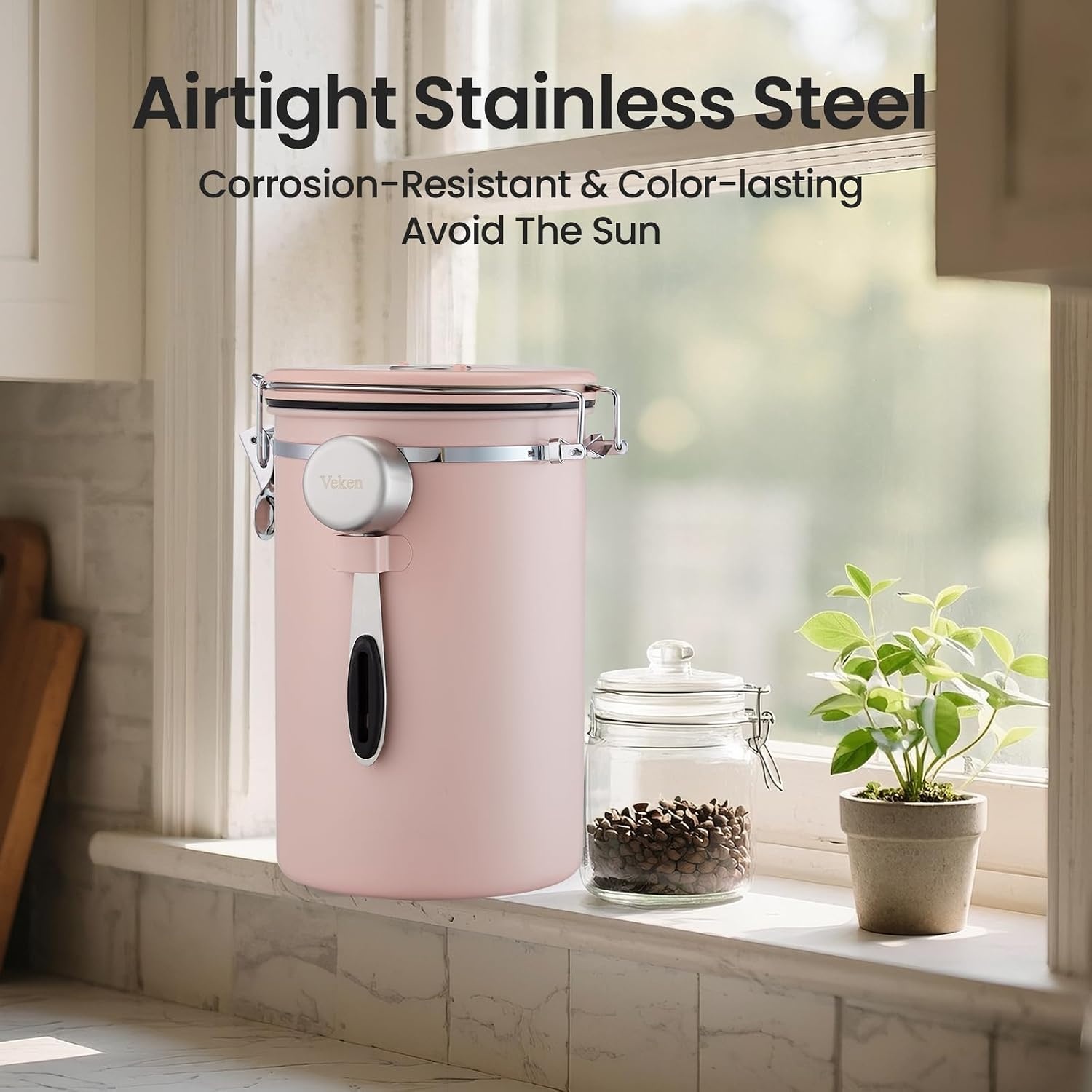 image:imageVeken Large Coffee Canister with Window Rice Kitchen Food Storage Airtight Stainless Steel Container with Lids Date Tracker and Scoop Grounds Beans Tea Flour Cereal Sugar Jars 38oz BlackPink
