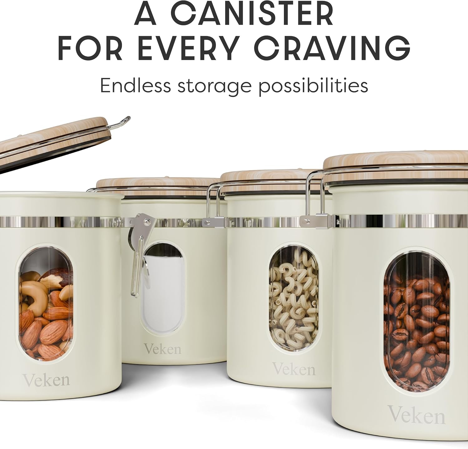 image:imageVeken Large Coffee Canister with Window Rice Kitchen Food Storage Airtight Stainless Steel Container with Lids Date Tracker and Scoop Grounds Beans Tea Flour Cereal Sugar Jars 38oz BlackCream