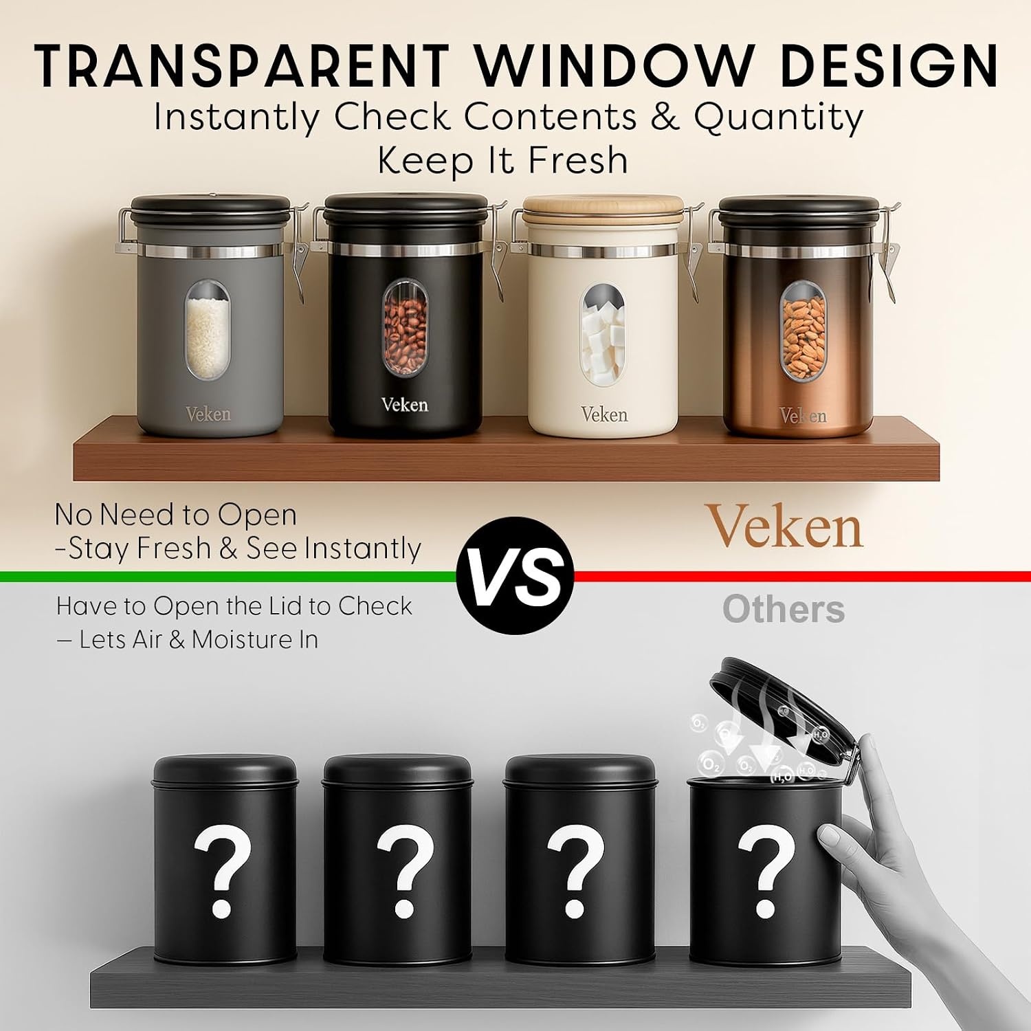 image:imageVeken Large Coffee Canister with Window Rice Kitchen Food Storage Airtight Stainless Steel Container with Lids Date Tracker and Scoop Grounds Beans Tea Flour Cereal Sugar Jars 38oz BlackGrey