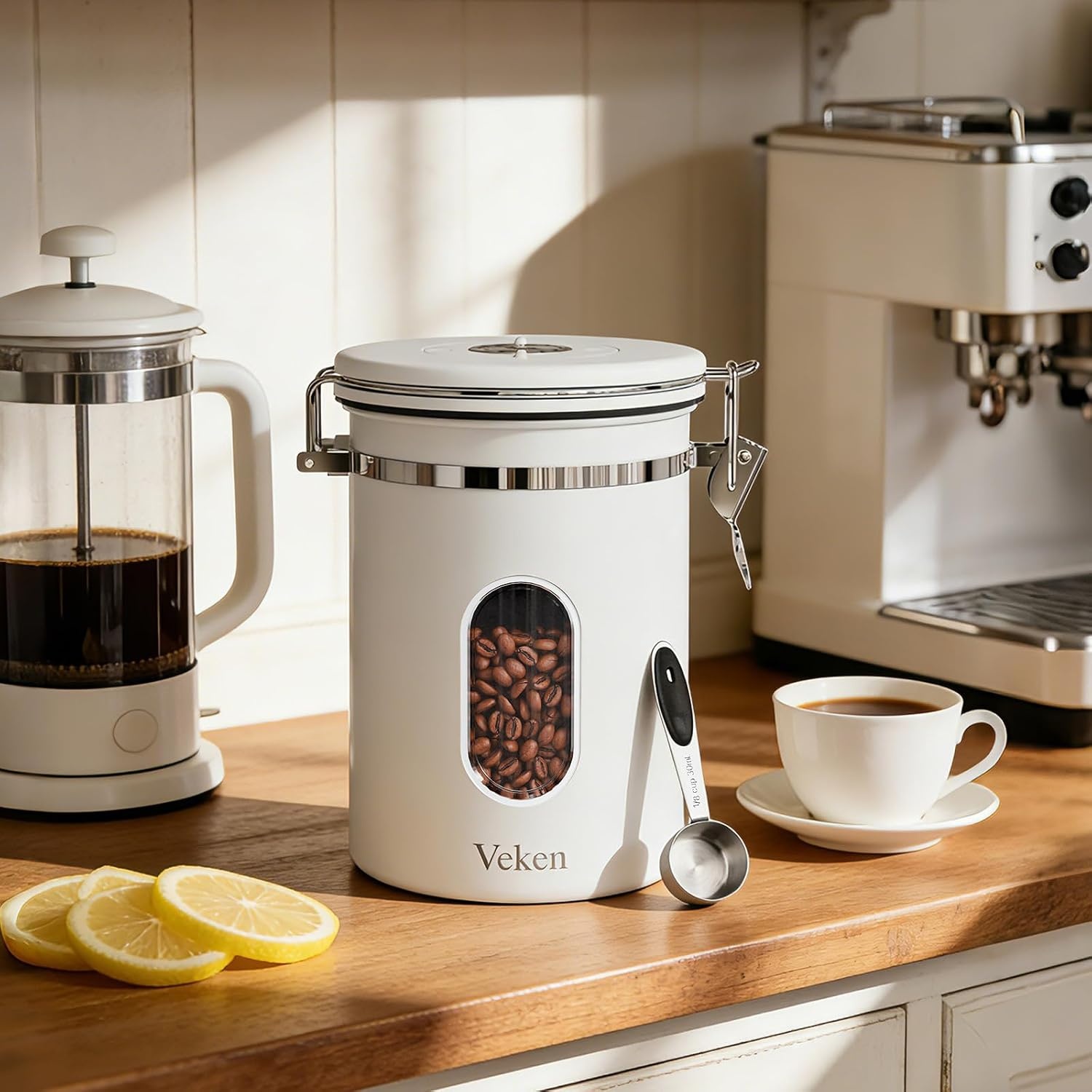 image:imageVeken Large Coffee Canister with Window Rice Kitchen Food Storage Airtight Stainless Steel Container with Lids Date Tracker and Scoop Grounds Beans Tea Flour Cereal Sugar Jars 38oz BlackJet White