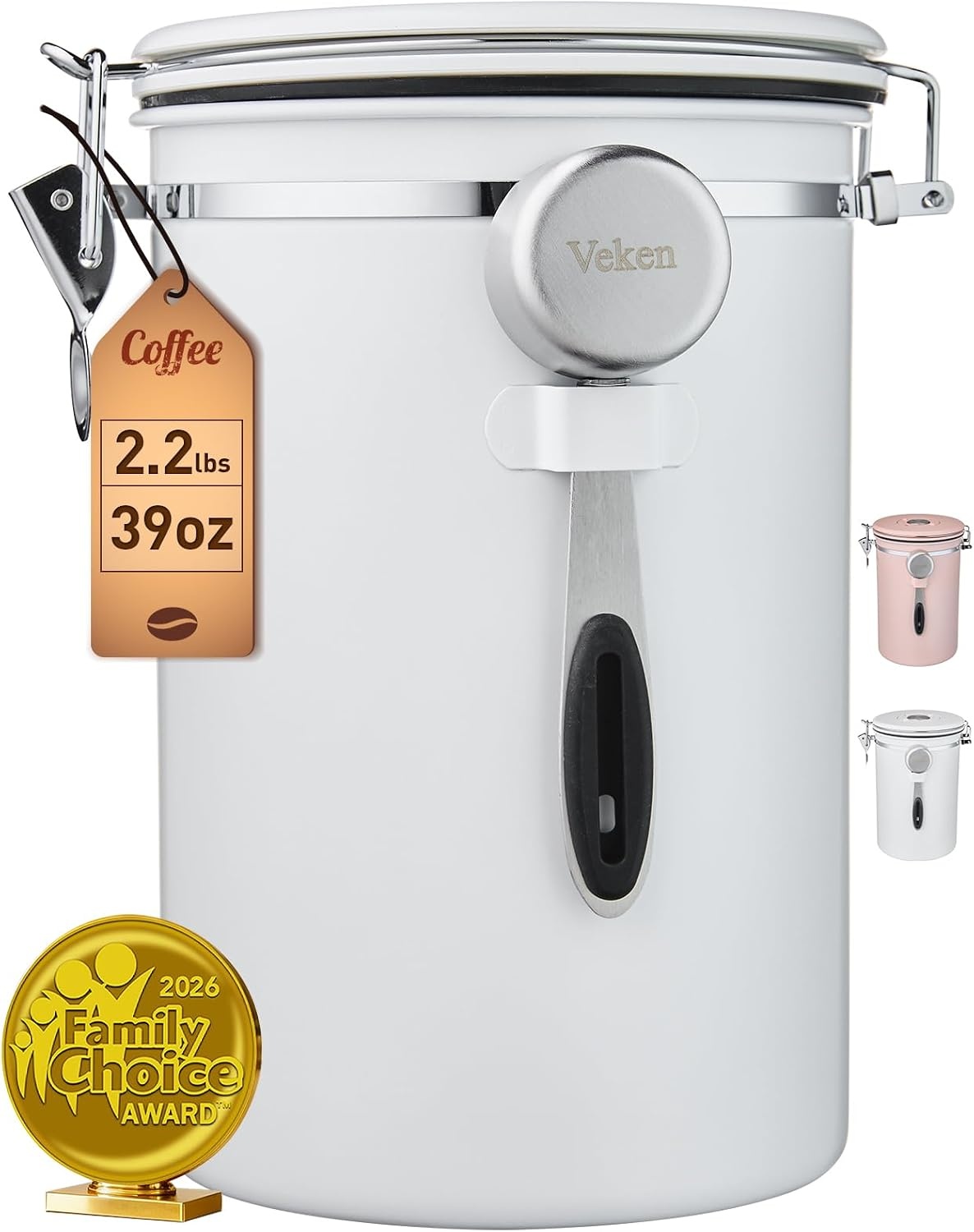 image:imageVeken Large Coffee Canister with Window Rice Kitchen Food Storage Airtight Stainless Steel Container with Lids Date Tracker and Scoop Grounds Beans Tea Flour Cereal Sugar Jars 38oz BlackJet White