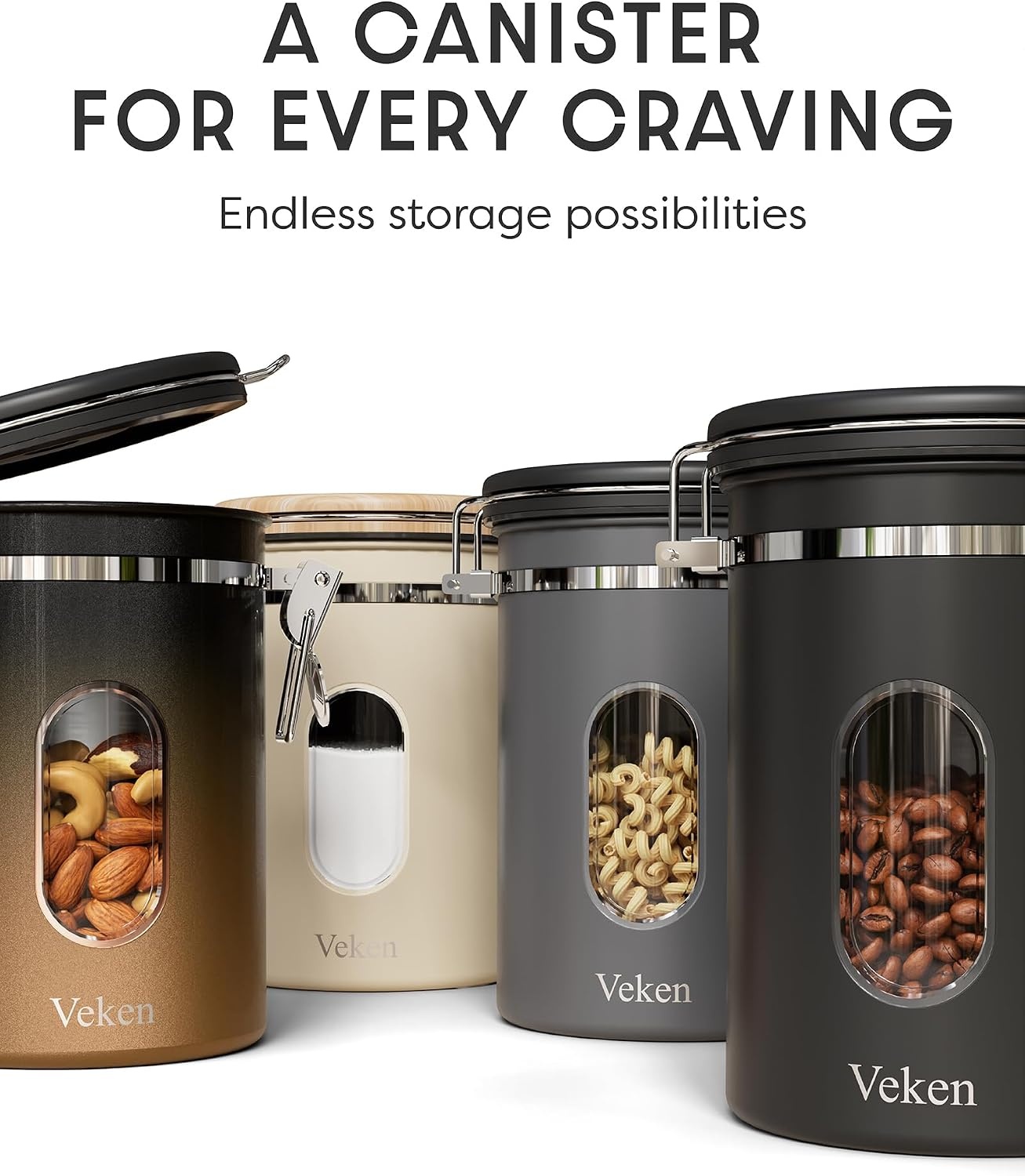 image:imageVeken Large Coffee Canister with Window Rice Kitchen Food Storage Airtight Stainless Steel Container with Lids Date Tracker and Scoop Grounds Beans Tea Flour Cereal Sugar Jars 38oz BlackGrey