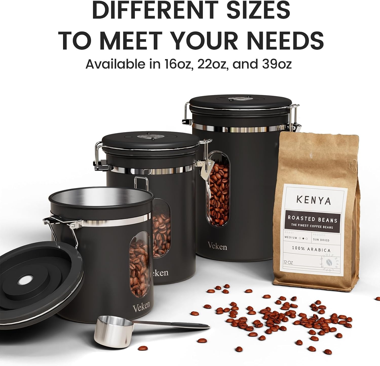 image:imageVeken Large Coffee Canister with Window Rice Kitchen Food Storage Airtight Stainless Steel Container with Lids Date Tracker and Scoop Grounds Beans Tea Flour Cereal Sugar Jars 38oz BlackBlack