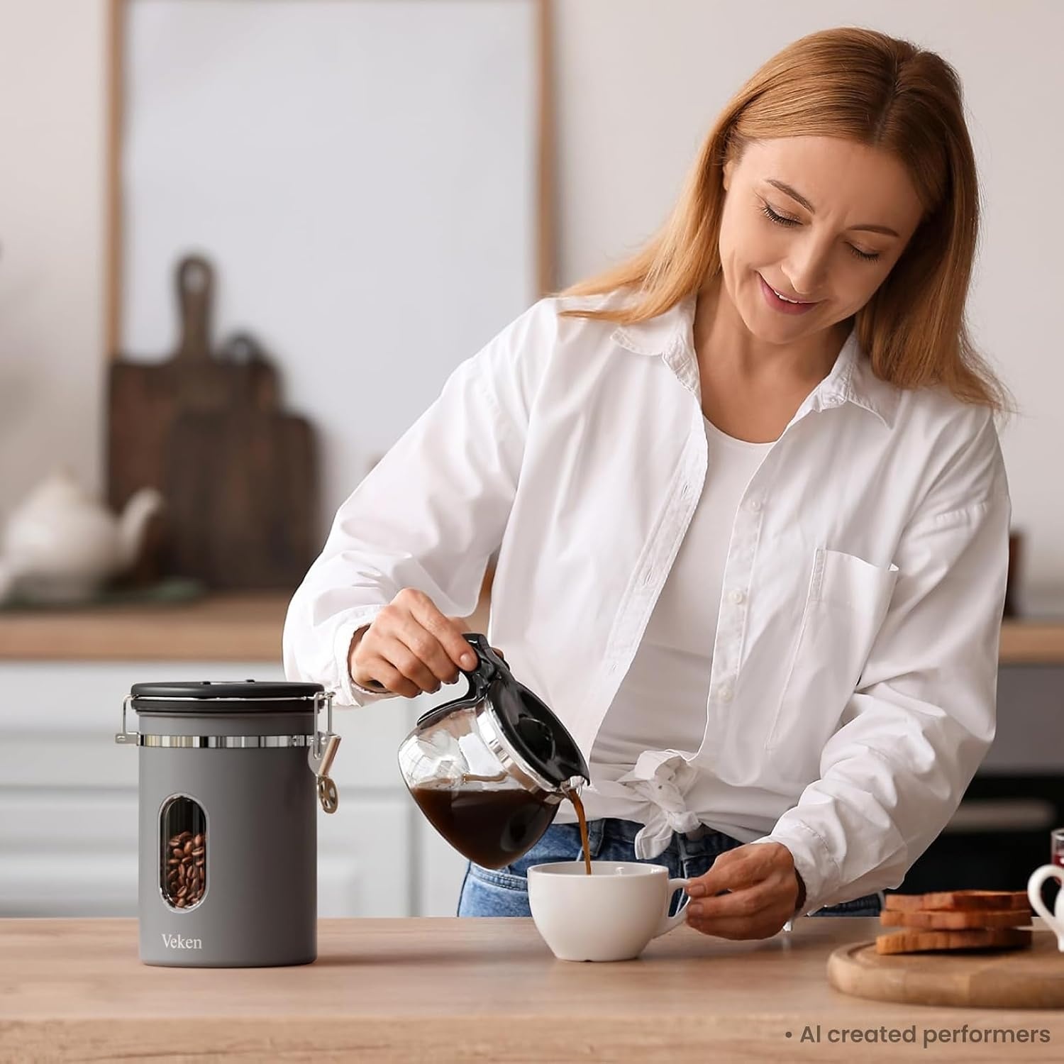 image:imageVeken Large Coffee Canister with Window Rice Kitchen Food Storage Airtight Stainless Steel Container with Lids Date Tracker and Scoop Grounds Beans Tea Flour Cereal Sugar Jars 38oz BlackGrey