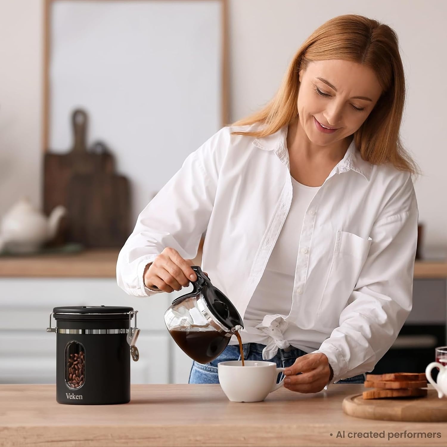 image:imageVeken Large Coffee Canister with Window Rice Kitchen Food Storage Airtight Stainless Steel Container with Lids Date Tracker and Scoop Grounds Beans Tea Flour Cereal Sugar Jars 38oz BlackBlack