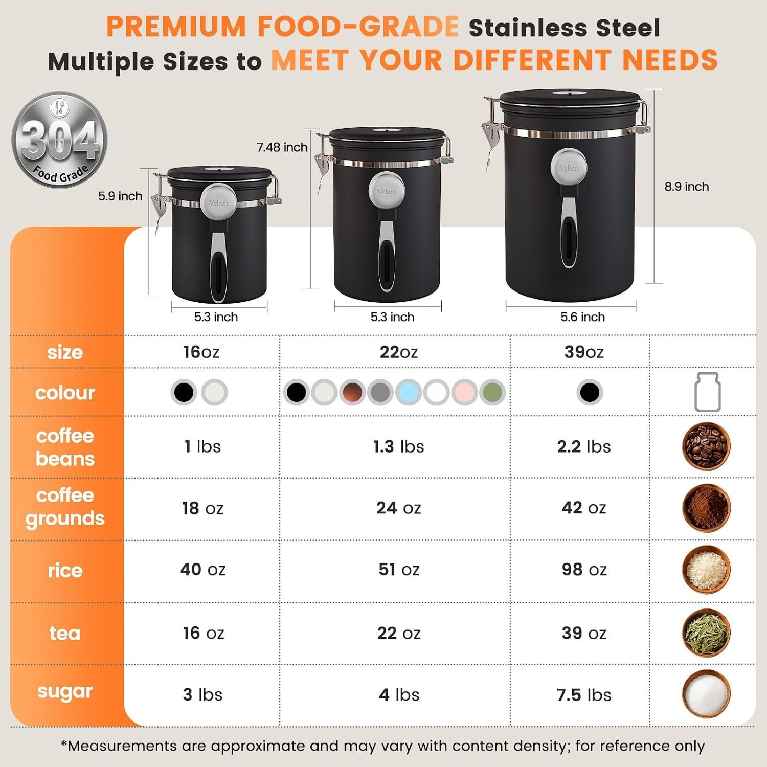 image:imageVeken Large Coffee Canister with Window Rice Kitchen Food Storage Airtight Stainless Steel Container with Lids Date Tracker and Scoop Grounds Beans Tea Flour Cereal Sugar Jars 38oz BlackBlack