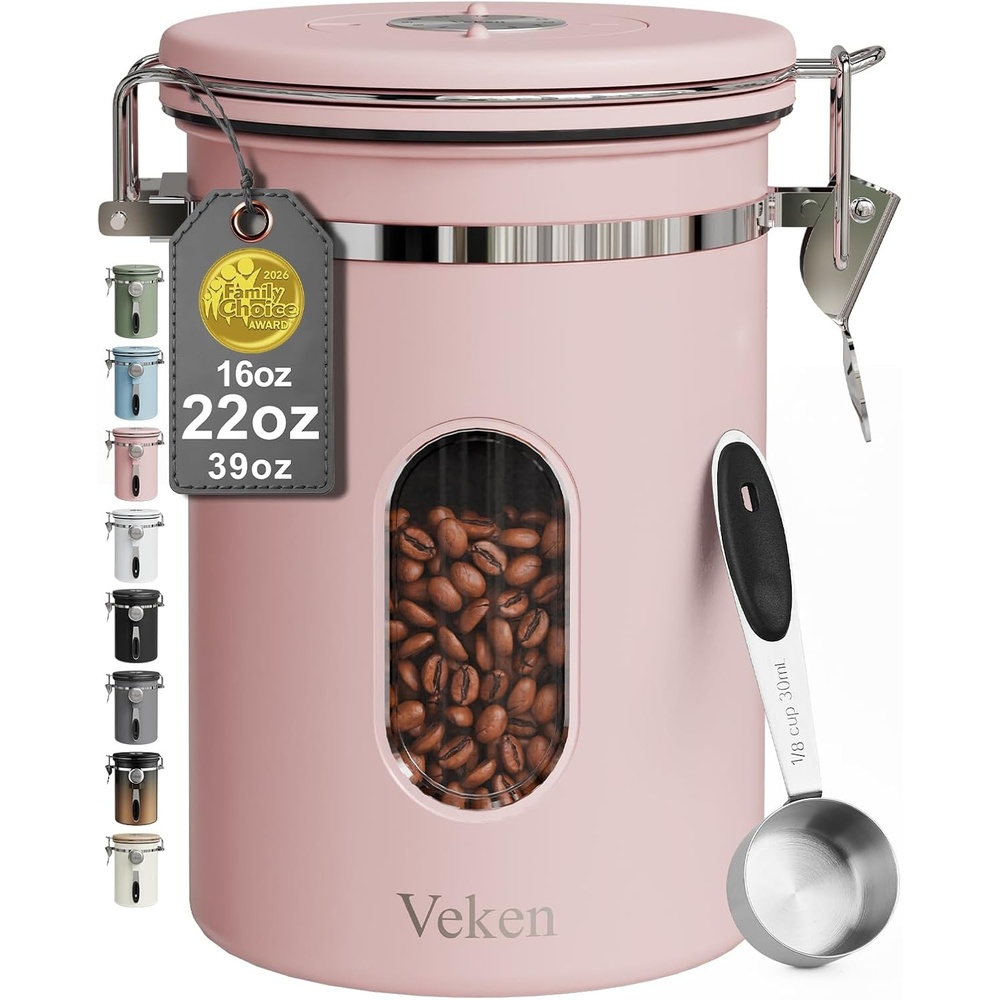 image:imageVeken Large Coffee Canister with Window Rice Kitchen Food Storage Airtight Stainless Steel Container with Lids Date Tracker and Scoop Grounds Beans Tea Flour Cereal Sugar Jars 38oz BlackPink