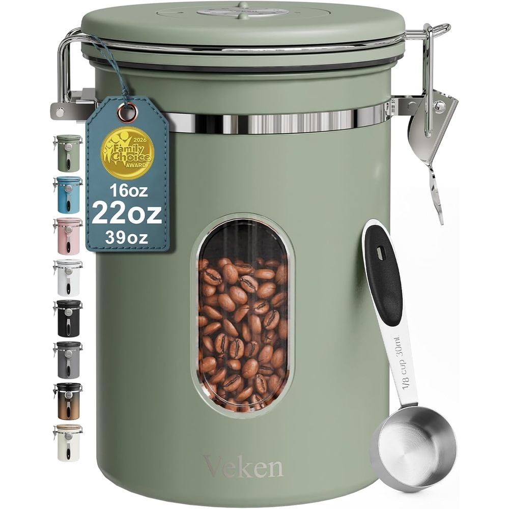 image:imageVeken Large Coffee Canister with Window Rice Kitchen Food Storage Airtight Stainless Steel Container with Lids Date Tracker and Scoop Grounds Beans Tea Flour Cereal Sugar Jars 38oz BlackGreen