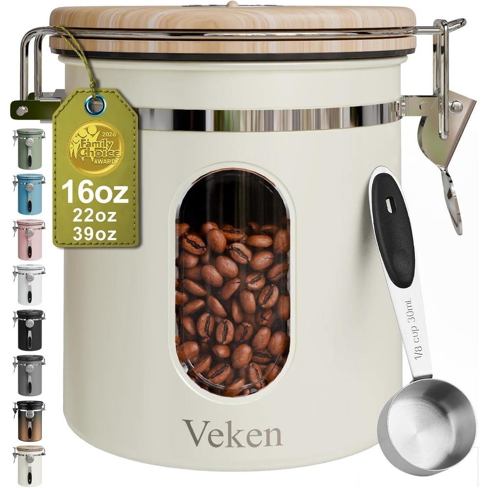 image:imageVeken Large Coffee Canister with Window Rice Kitchen Food Storage Airtight Stainless Steel Container with Lids Date Tracker and Scoop Grounds Beans Tea Flour Cereal Sugar Jars 38oz BlackCream