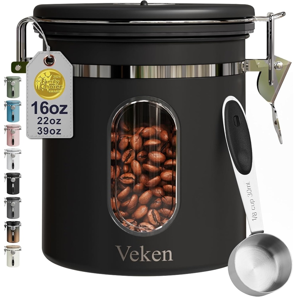 image:imageVeken Large Coffee Canister with Window Rice Kitchen Food Storage Airtight Stainless Steel Container with Lids Date Tracker and Scoop Grounds Beans Tea Flour Cereal Sugar Jars 38oz BlackBlack