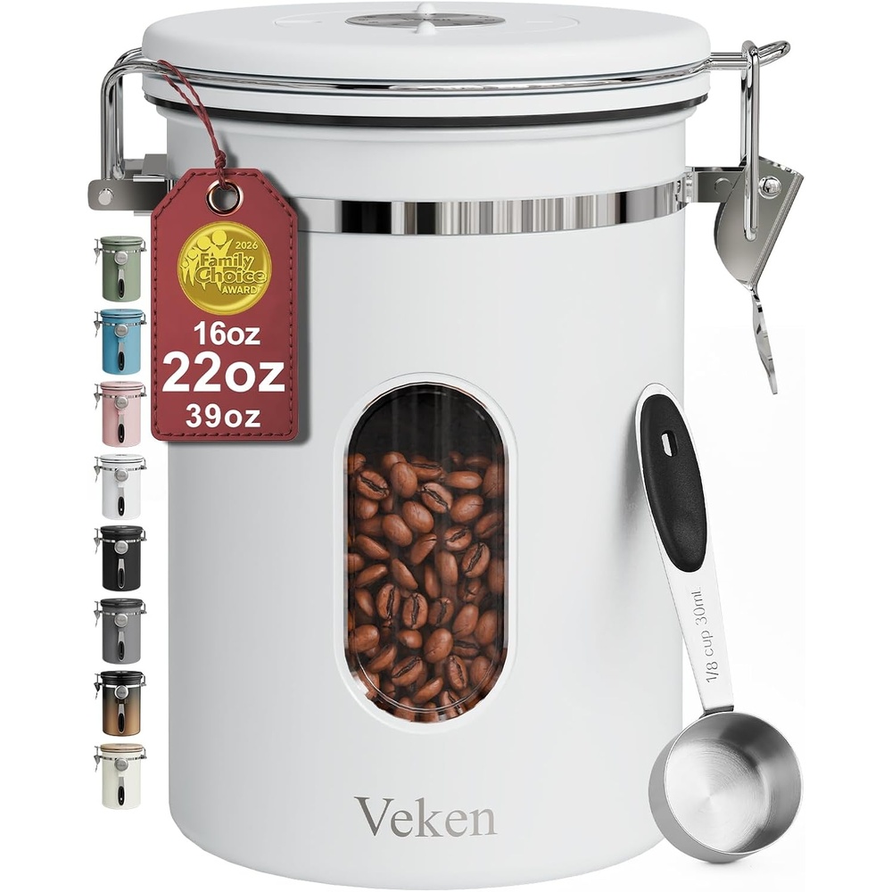 image:imageVeken Large Coffee Canister with Window Rice Kitchen Food Storage Airtight Stainless Steel Container with Lids Date Tracker and Scoop Grounds Beans Tea Flour Cereal Sugar Jars 38oz BlackJet White