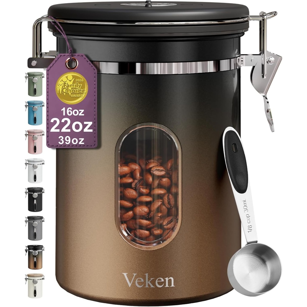 image:imageVeken Large Coffee Canister with Window Rice Kitchen Food Storage Airtight Stainless Steel Container with Lids Date Tracker and Scoop Grounds Beans Tea Flour Cereal Sugar Jars 38oz BlackGradient Copper