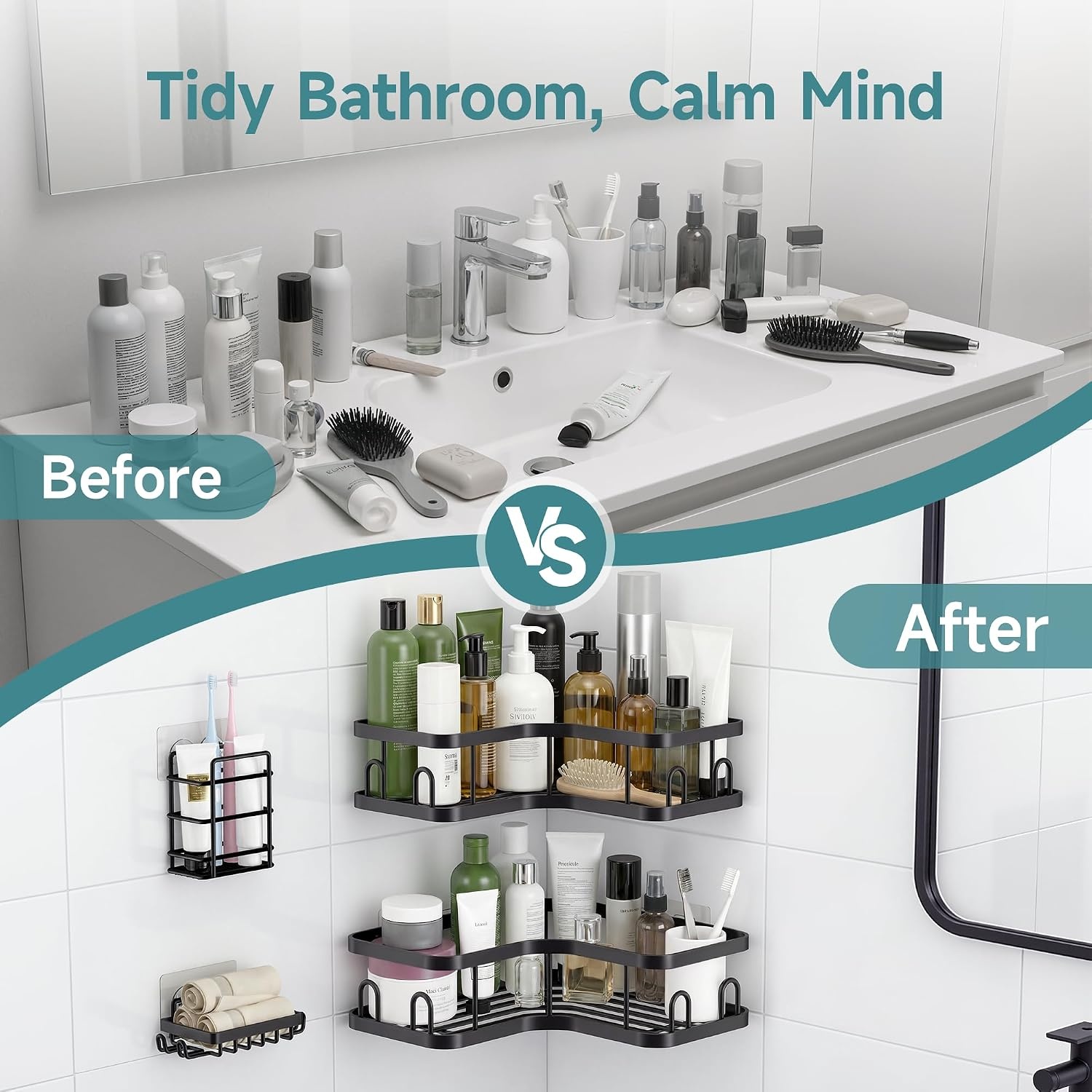 image:imageVeken Shower Caddy 5Pack Bathroom Organizers and Storage Shelves BlackBlack