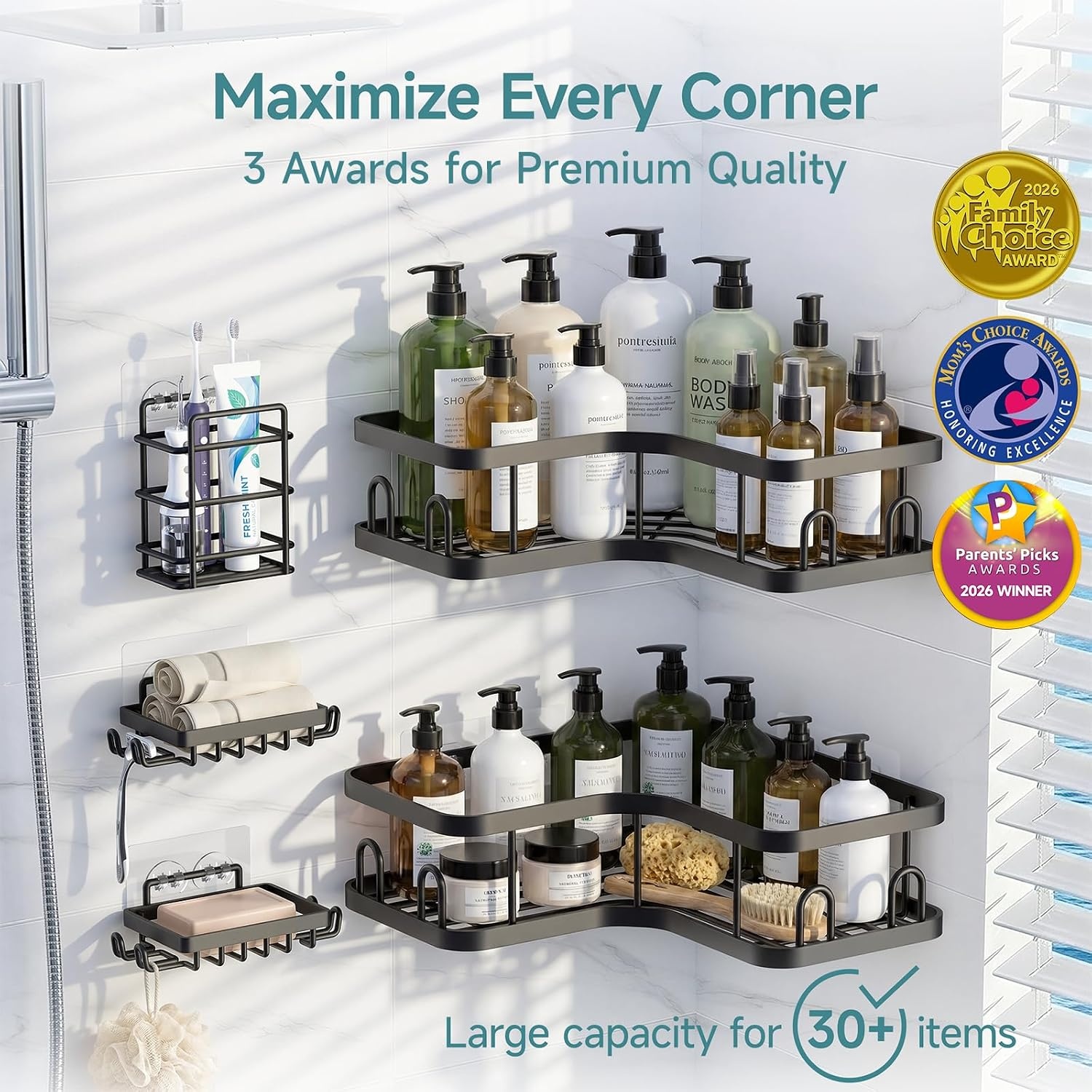 image:imageVeken Shower Caddy 5Pack Bathroom Organizers and Storage Shelves BlackBlack