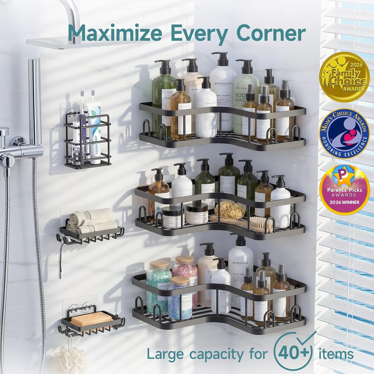 image:imageVeken Shower Caddy 5Pack Bathroom Organizers and Storage Shelves BlackBlack